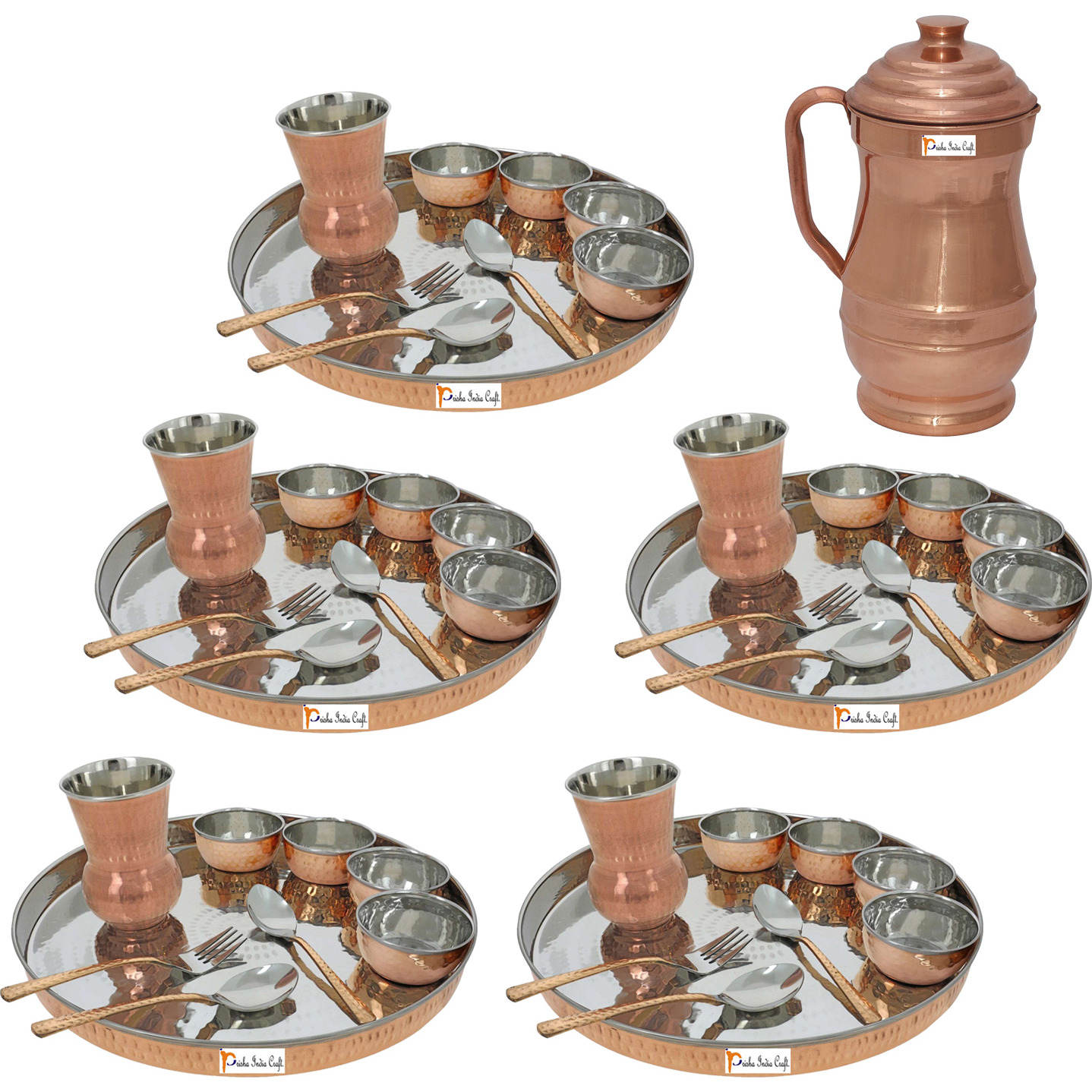 Prisha India Craft B. Set of 5 Dinnerware Traditional Stainless Steel Copper Dinner Set of Thali Plate, Bowls, Glass and Spoons, Dia 13  With 1 Pure Copper Maharaja Pitcher Jug - Christmas Gift
