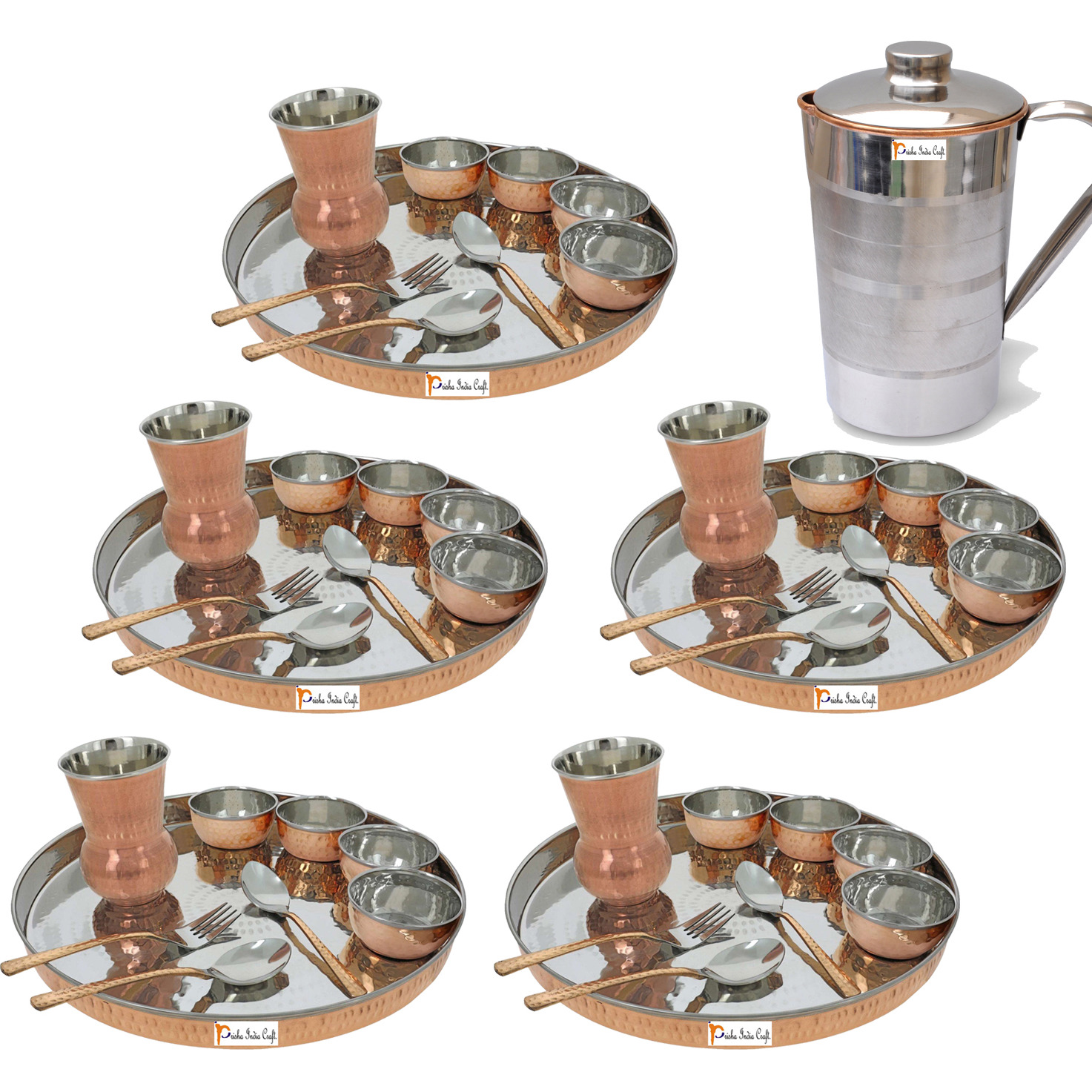 Prisha India Craft B. Set of 5 Dinnerware Traditional Stainless Steel Copper Dinner Set of Thali Plate, Bowls, Glass and Spoons, Dia 13  With 1 Pure Copper Pitcher Jug - Christmas Gift