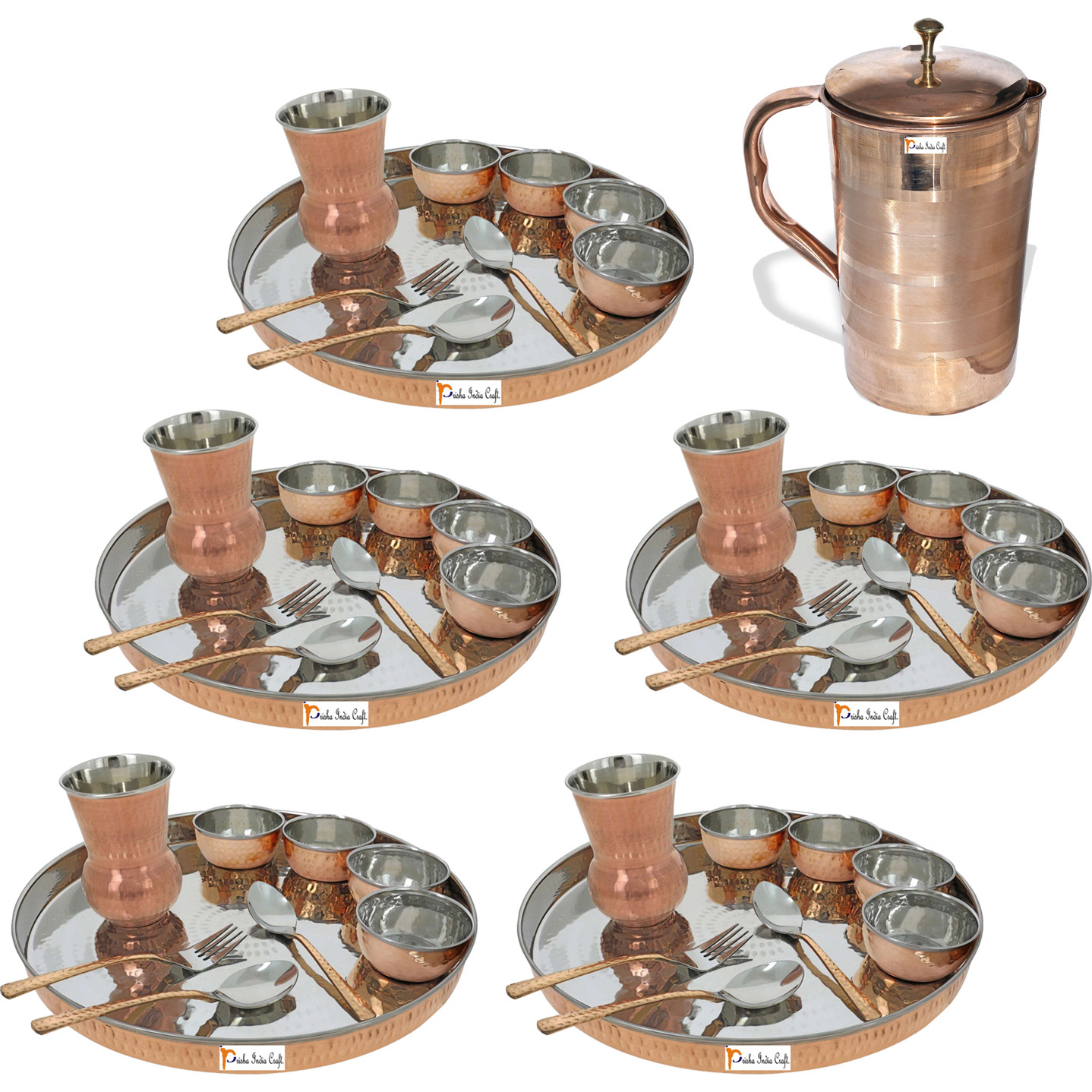 Prisha India Craft B. Set of 5 Dinnerware Traditional Stainless Steel Copper Dinner Set of Thali Plate, Bowls, Glass and Spoons, Dia 13  With 1 Luxury Style Pure Copper Pitcher Jug - Christmas Gift