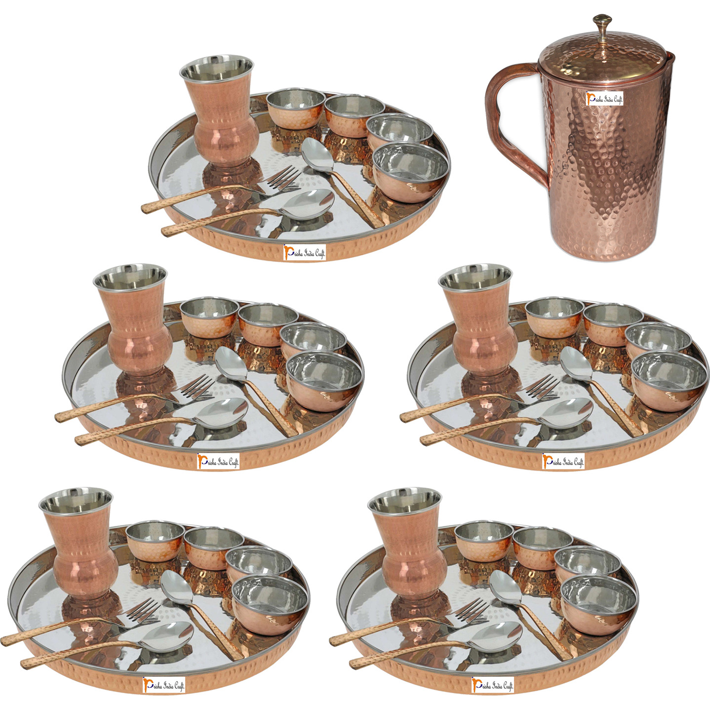 Prisha India Craft B. Set of 5 Dinnerware Traditional Stainless Steel Copper Dinner Set of Thali Plate, Bowls, Glass and Spoons, Dia 13  With 1 Pure Copper Hammered Pitcher Jug - Christmas Gift