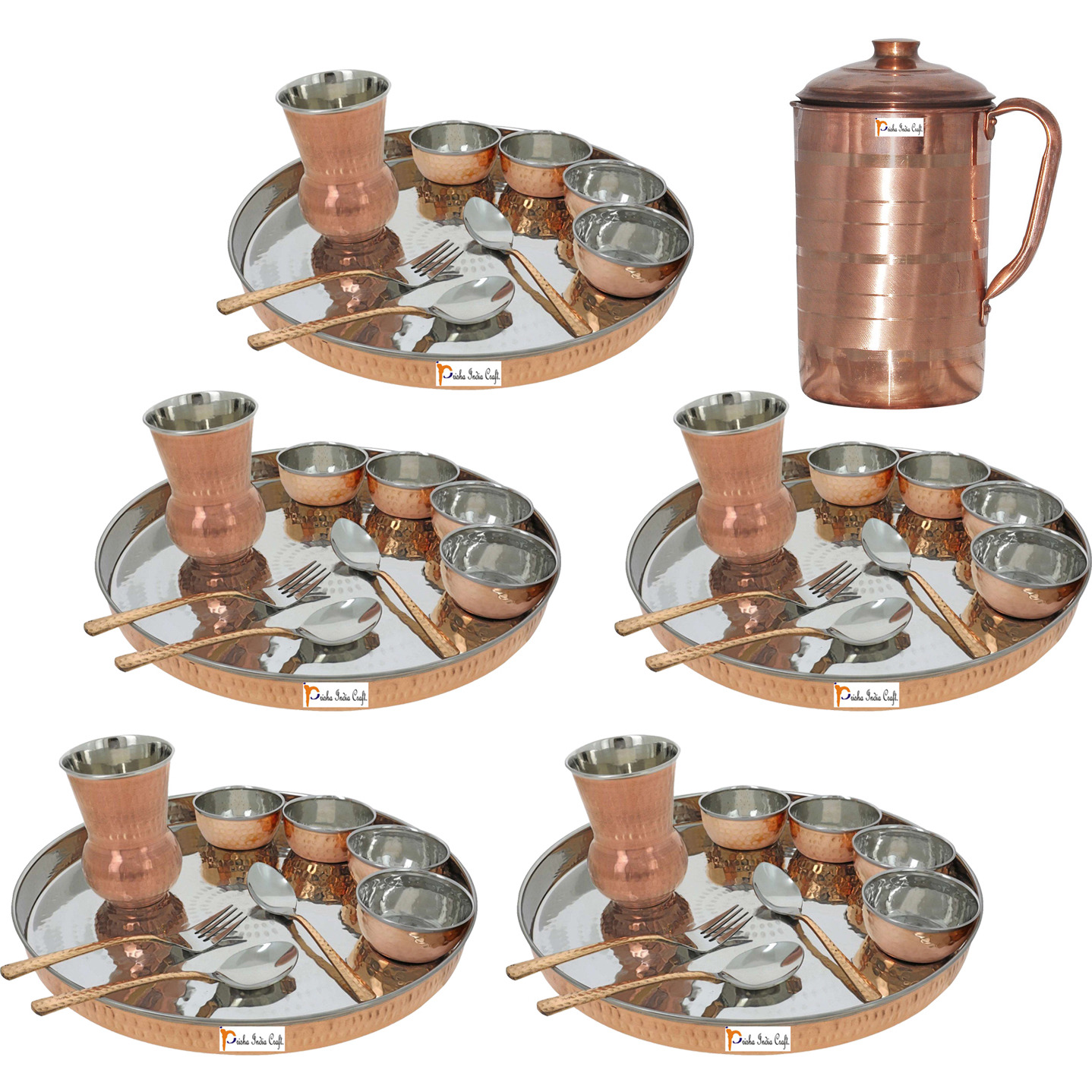 Prisha India Craft B. Set of 5 Dinnerware Traditional Stainless Steel Copper Dinner Set of Thali Plate, Bowls, Glass and Spoons, Dia 13  With 1 Pure Copper Pitcher Jug - Christmas Gift