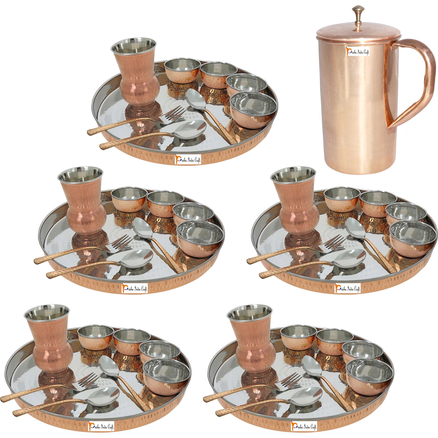 Prisha India Craft B. Set of 5 Dinnerware Traditional Stainless Steel Copper Dinner Set of Thali Plate, Bowls, Glass and Spoons, Dia 13  With 1 Pure Copper Classic Pitcher Jug - Christmas Gift