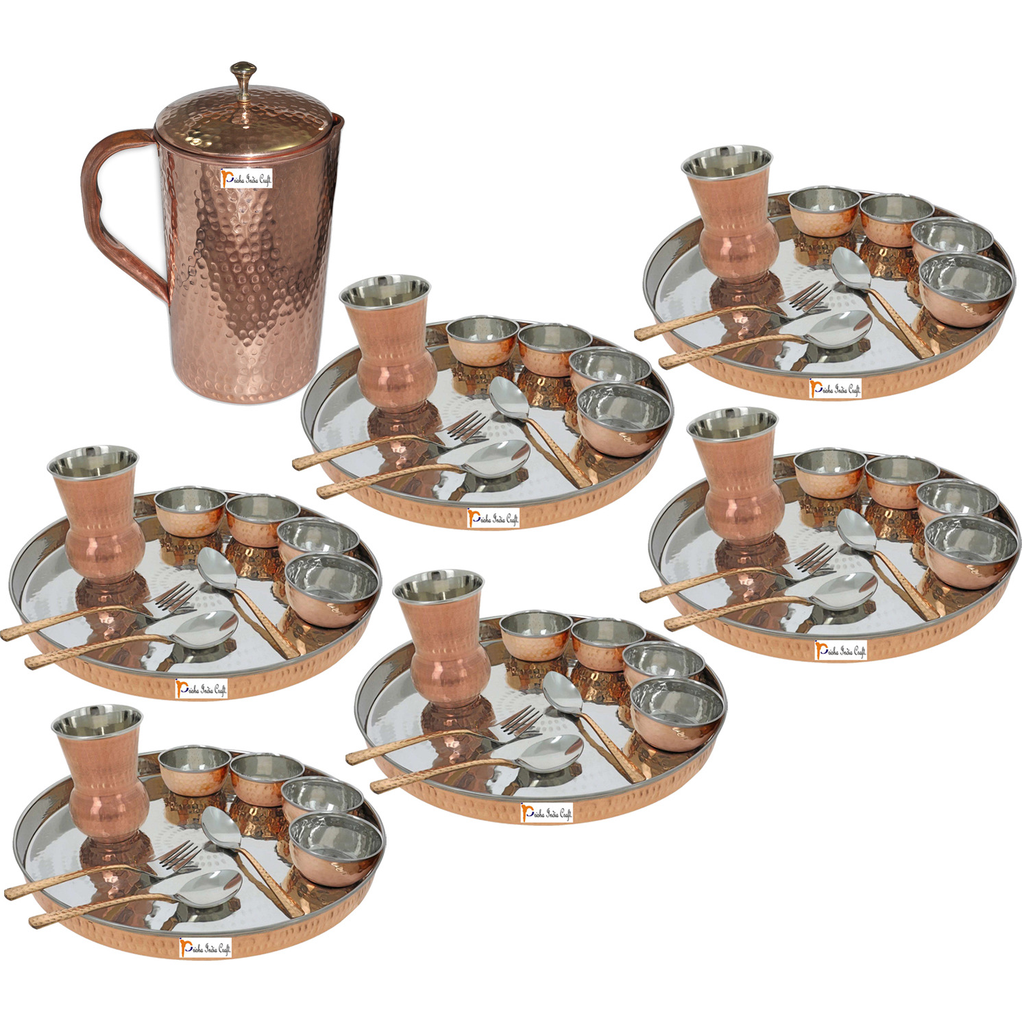 Prisha India Craft B. Set of 6 Dinnerware Traditional Stainless Steel Copper Dinner Set of Thali Plate, Bowls, Glass and Spoons, Dia 13  With 1 Pure Copper Hammered Pitcher Jug - Christmas Gift