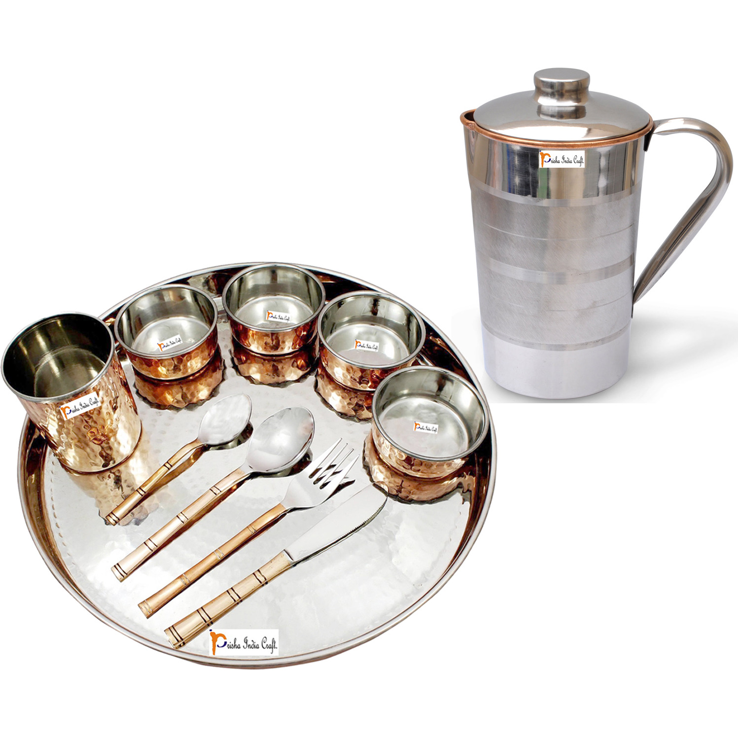 Prisha India Craft B. Dinnerware Traditional Stainless Steel Copper Dinner Set of Thali Plate, Bowls, Glass and Spoons, Dia 13  With 1 Pure Copper Pitcher Jug - Christmas Gift