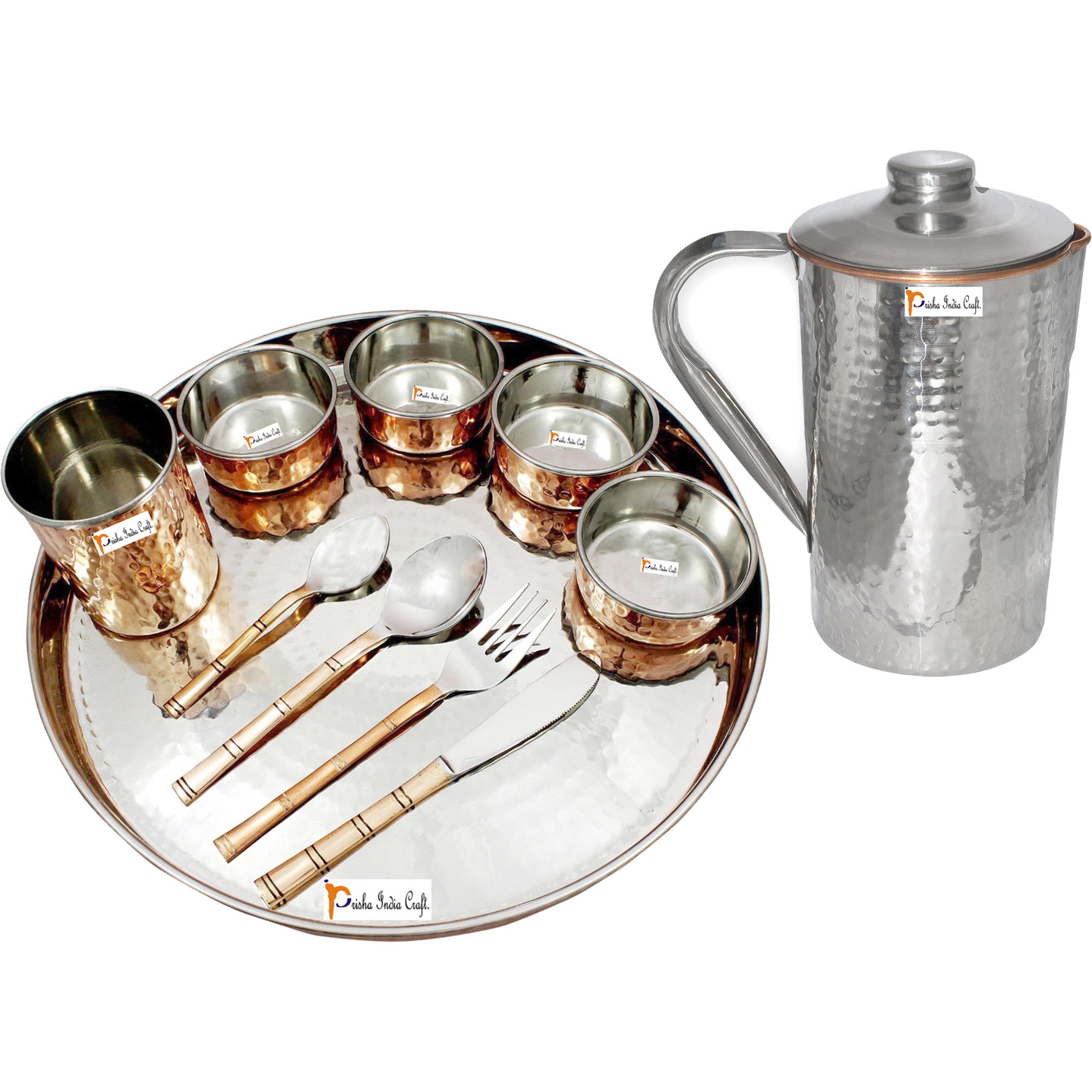 Prisha India Craft B. Dinnerware Traditional Stainless Steel Copper Dinner Set of Thali Plate, Bowls, Glass and Spoons, Dia 13  With 1 Stainless Steel Copper Hammered Pitcher Jug - Christmas Gift