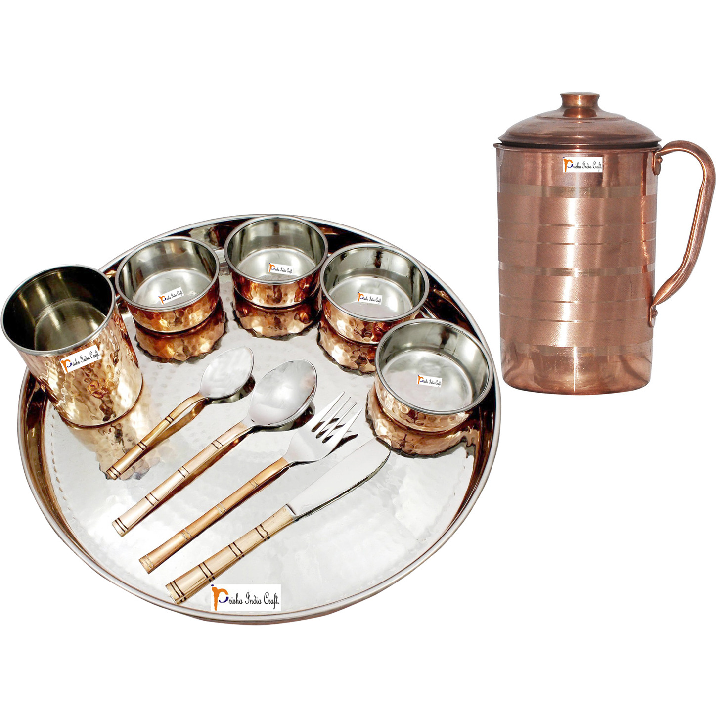 Prisha India Craft B. Dinnerware Traditional Stainless Steel Copper Dinner Set of Thali Plate, Bowls, Glass and Spoons, Dia 13  With 1 Pure Copper Pitcher Jug - Christmas Gift