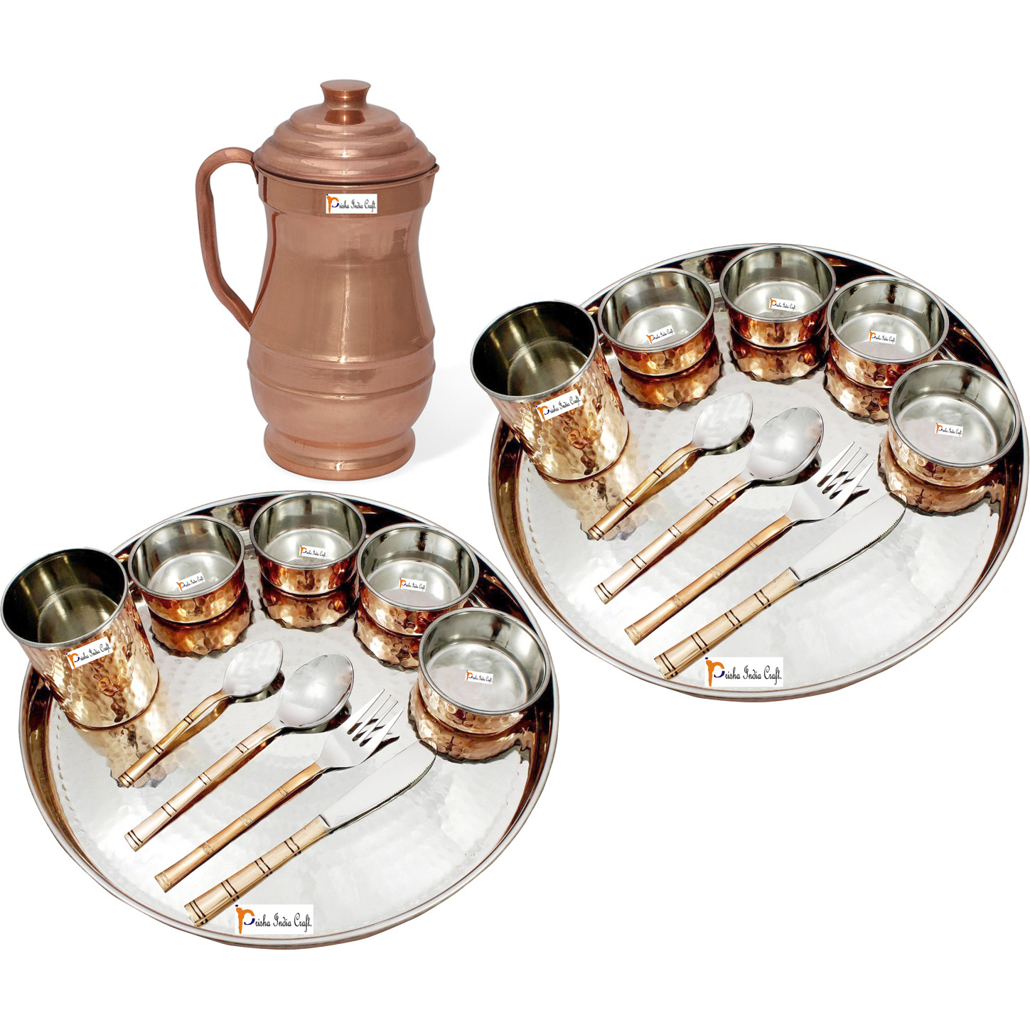 Prisha India Craft B. Set of 2 Dinnerware Traditional Stainless Steel Copper Dinner Set of Thali Plate, Bowls, Glass and Spoons, Dia 13  With 1 Pure Copper Maharaja Pitcher Jug - Christmas Gift