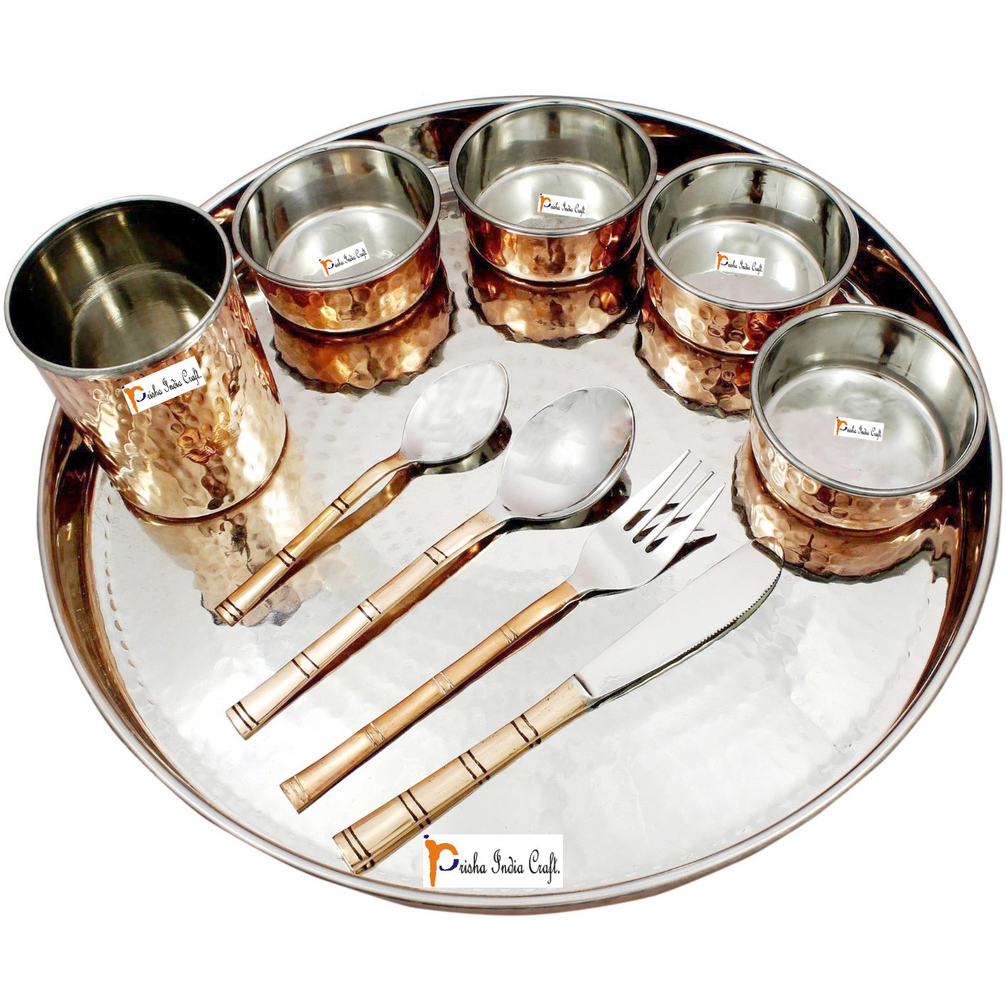 Prisha India Craft B. Set of 2 Dinnerware Traditional Stainless Steel Copper Dinner Set of Thali Plate, Bowls, Glass and Spoons, Dia 13  With 1 Pure Copper Hammered Pitcher Jug - Christmas Gift