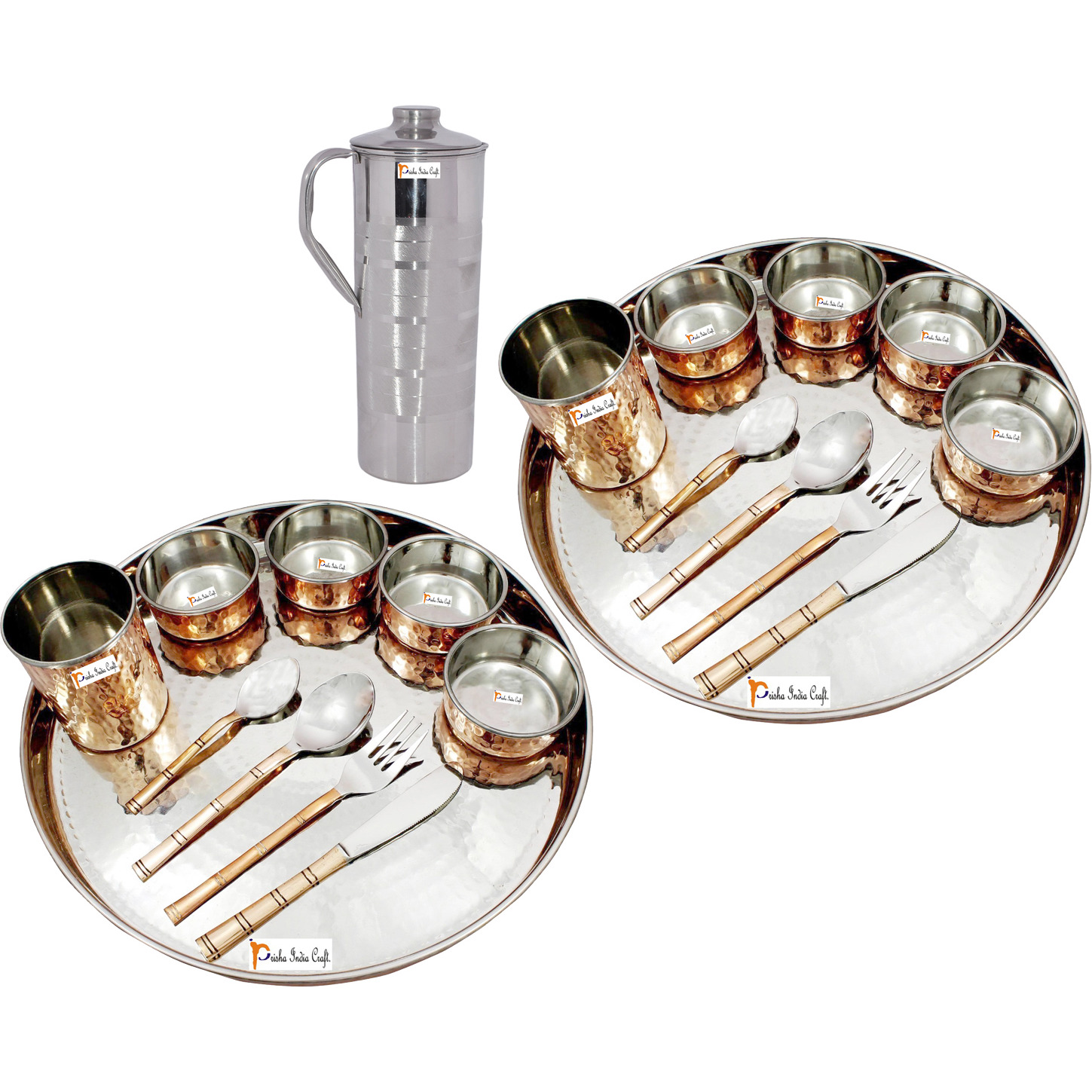 Prisha India Craft B. Set of 2 Dinnerware Traditional Stainless Steel Copper Dinner Set of Thali Plate, Bowls, Glass and Spoons, Dia 13  With 1 Luxury Style Stainless Steel Copper Pitcher Jug - Christmas Gift