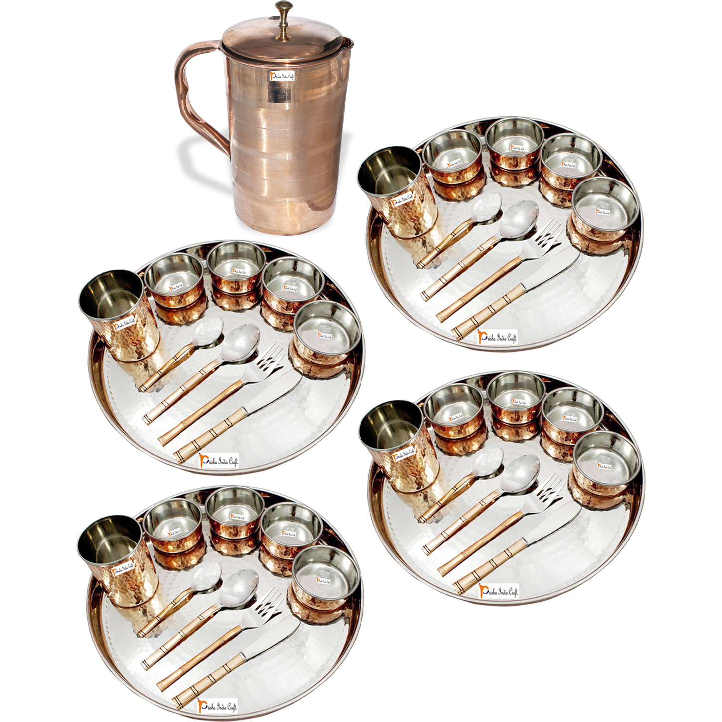 Prisha India Craft B. Set of 4 Dinnerware Traditional Stainless Steel Copper Dinner Set of Thali Plate, Bowls, Glass and Spoons, Dia 13  With 1 Luxury Style Pure Copper Pitcher Jug - Christmas Gift
