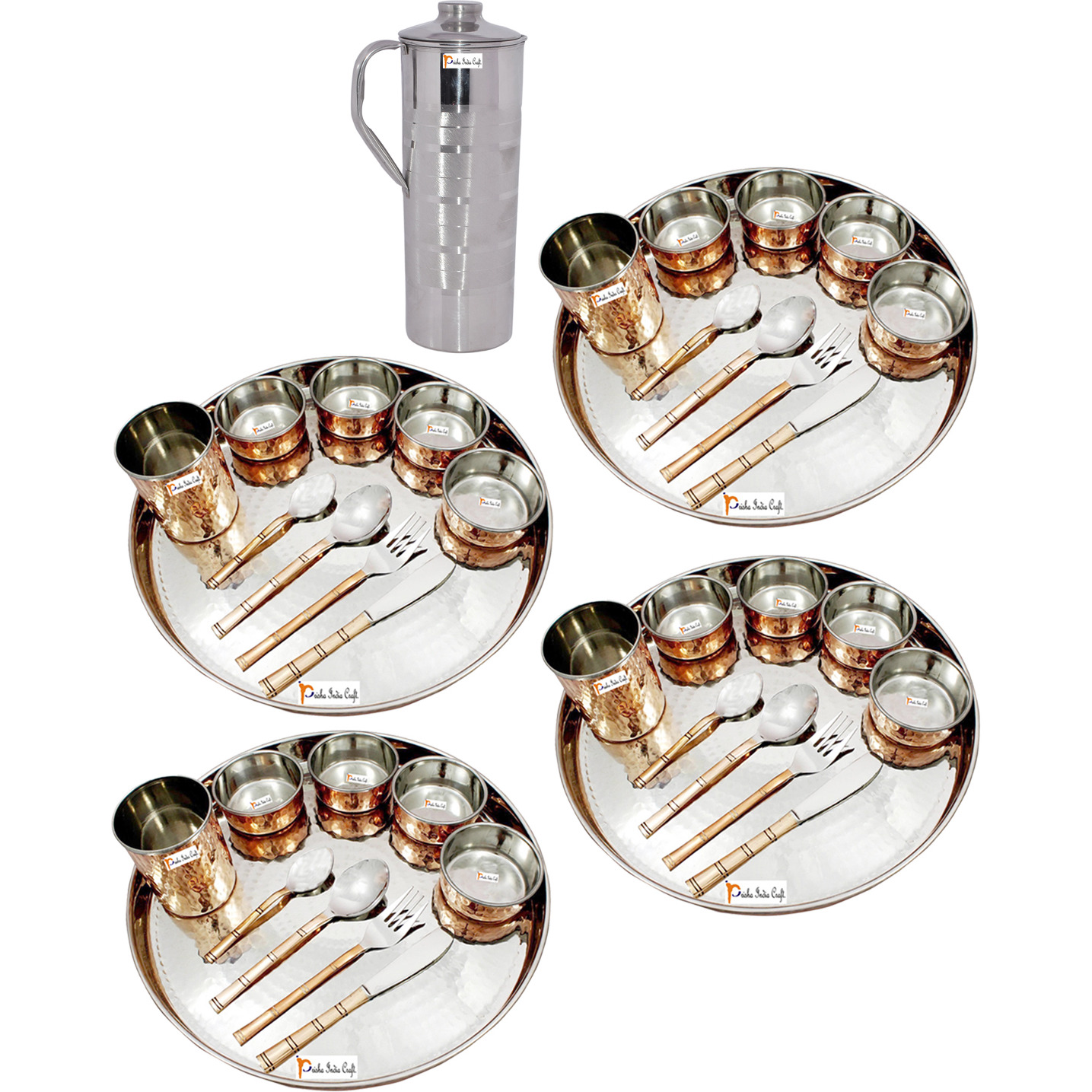 Prisha India Craft B. Set of 4 Dinnerware Traditional Stainless Steel Copper Dinner Set of Thali Plate, Bowls, Glass and Spoons, Dia 13  With 1 Luxury Style Stainless Steel Copper Pitcher Jug - Christmas Gift