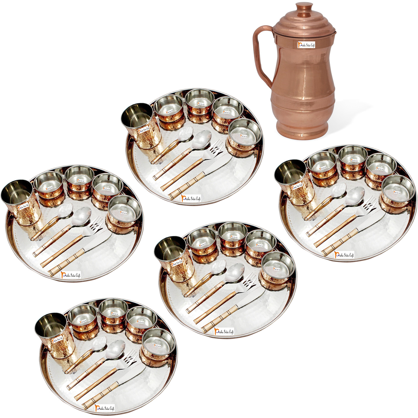 Prisha India Craft B. Set of 5 Dinnerware Traditional Stainless Steel Copper Dinner Set of Thali Plate, Bowls, Glass and Spoons, Dia 13  With 1 Pure Copper Maharaja Pitcher Jug - Christmas Gift