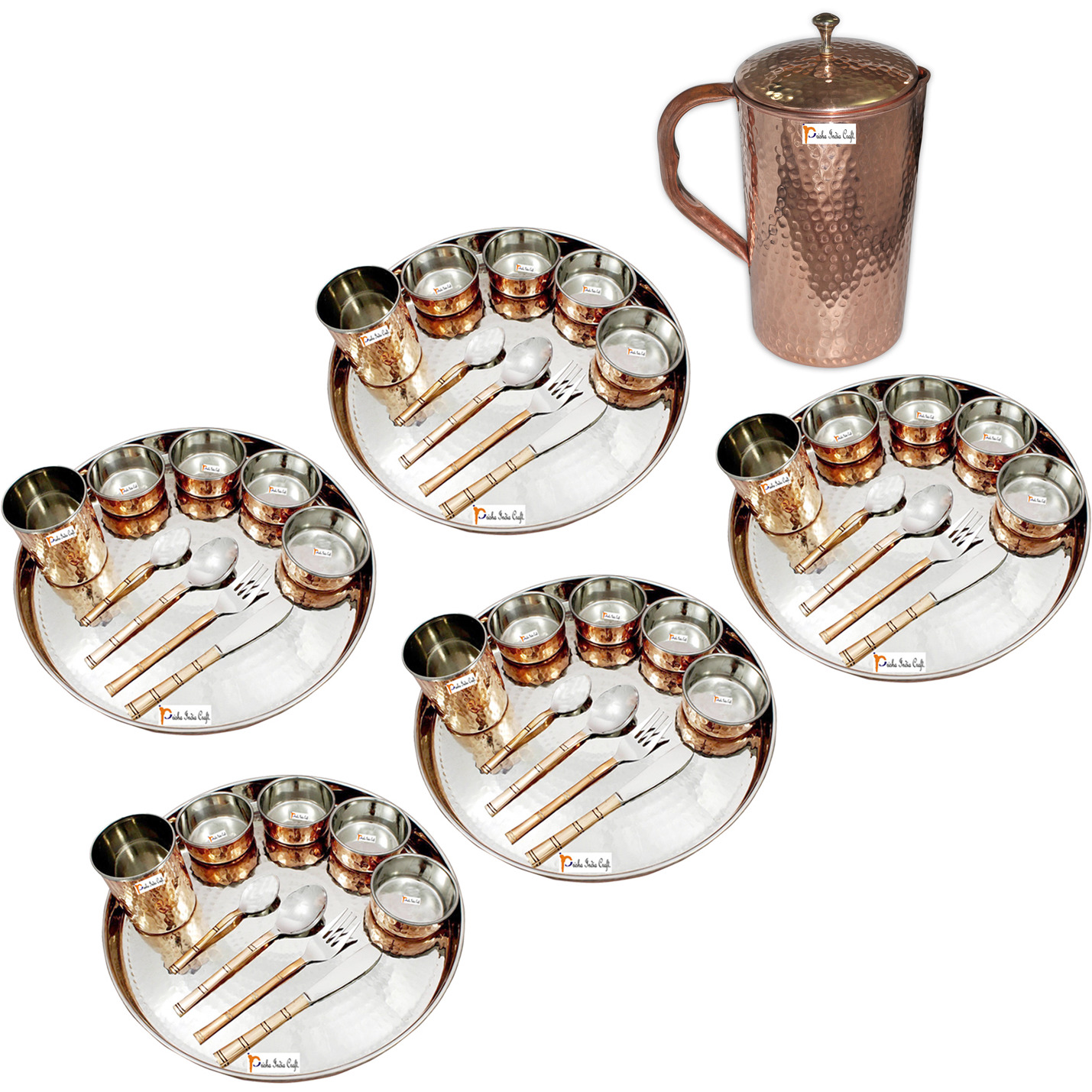 Prisha India Craft B. Set of 5 Dinnerware Traditional Stainless Steel Copper Dinner Set of Thali Plate, Bowls, Glass and Spoons, Dia 13  With 1 Pure Copper Hammered Pitcher Jug - Christmas Gift