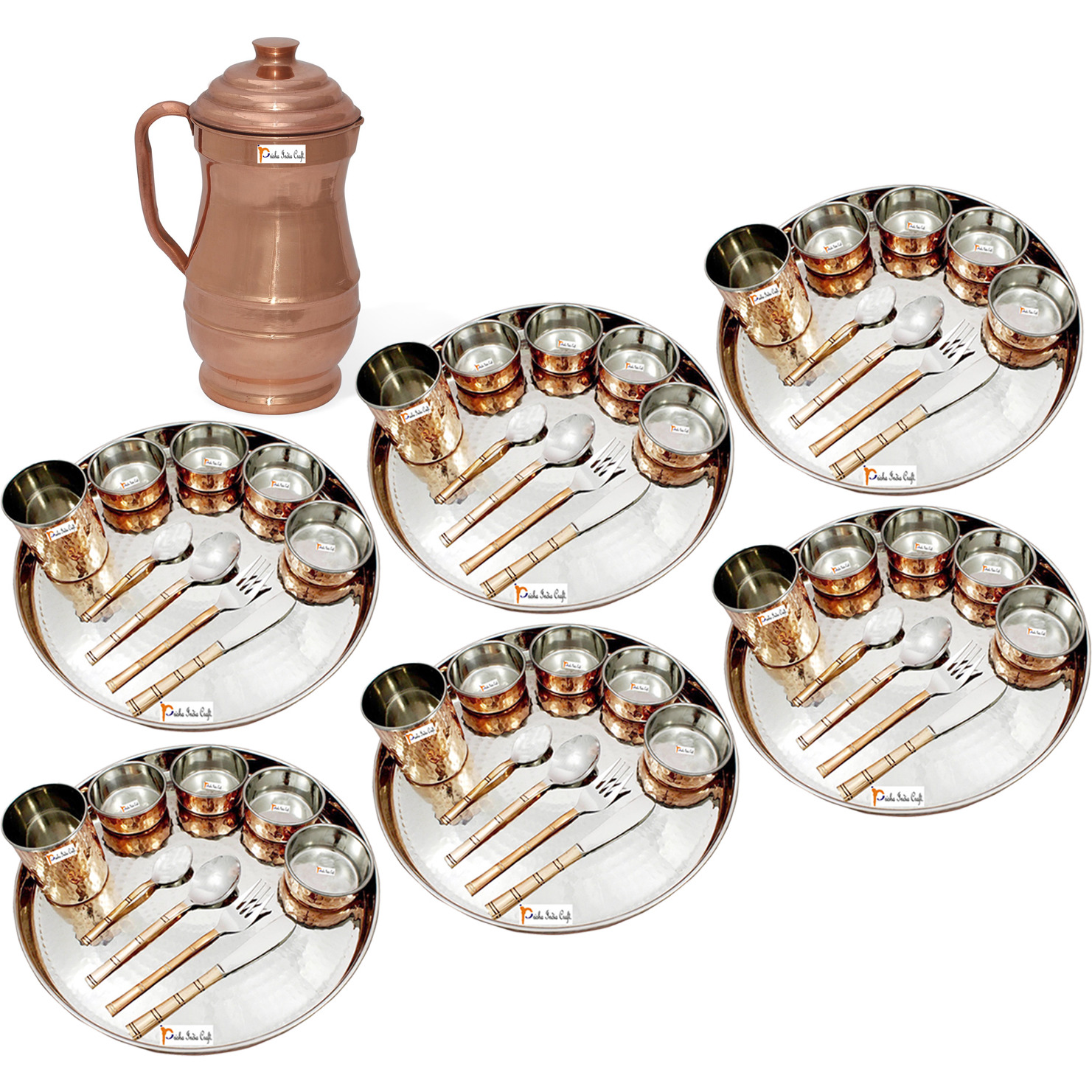 Prisha India Craft B. Set of 6 Dinnerware Traditional Stainless Steel Copper Dinner Set of Thali Plate, Bowls, Glass and Spoons, Dia 13  With 1 Pure Copper Maharaja Pitcher Jug - Christmas Gift