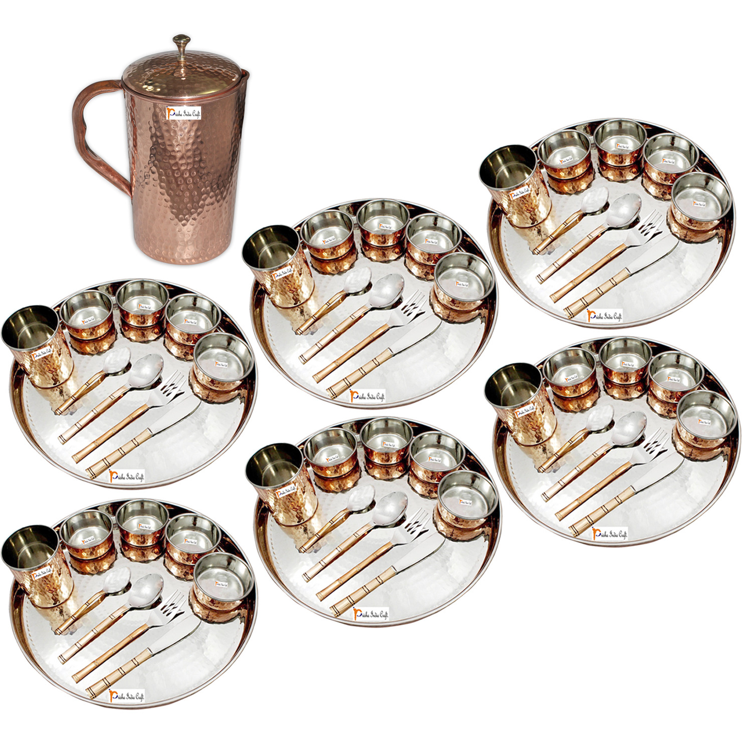 Prisha India Craft B. Set of 6 Dinnerware Traditional Stainless Steel Copper Dinner Set of Thali Plate, Bowls, Glass and Spoons, Dia 13  With 1 Pure Copper Hammered Pitcher Jug - Christmas Gift