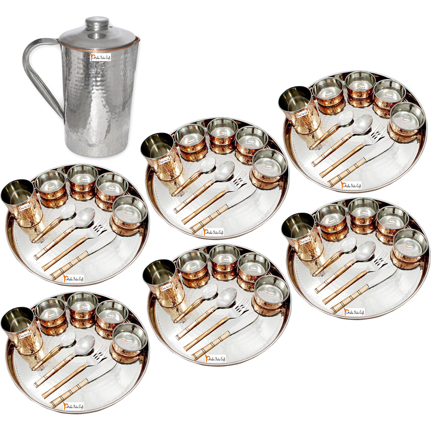 Prisha India Craft B. Set of 6 Dinnerware Traditional Stainless Steel Copper Dinner Set of Thali Plate, Bowls, Glass and Spoons, Dia 13  With 1 Stainless Steel Copper Hammered Pitcher Jug - Christmas Gift