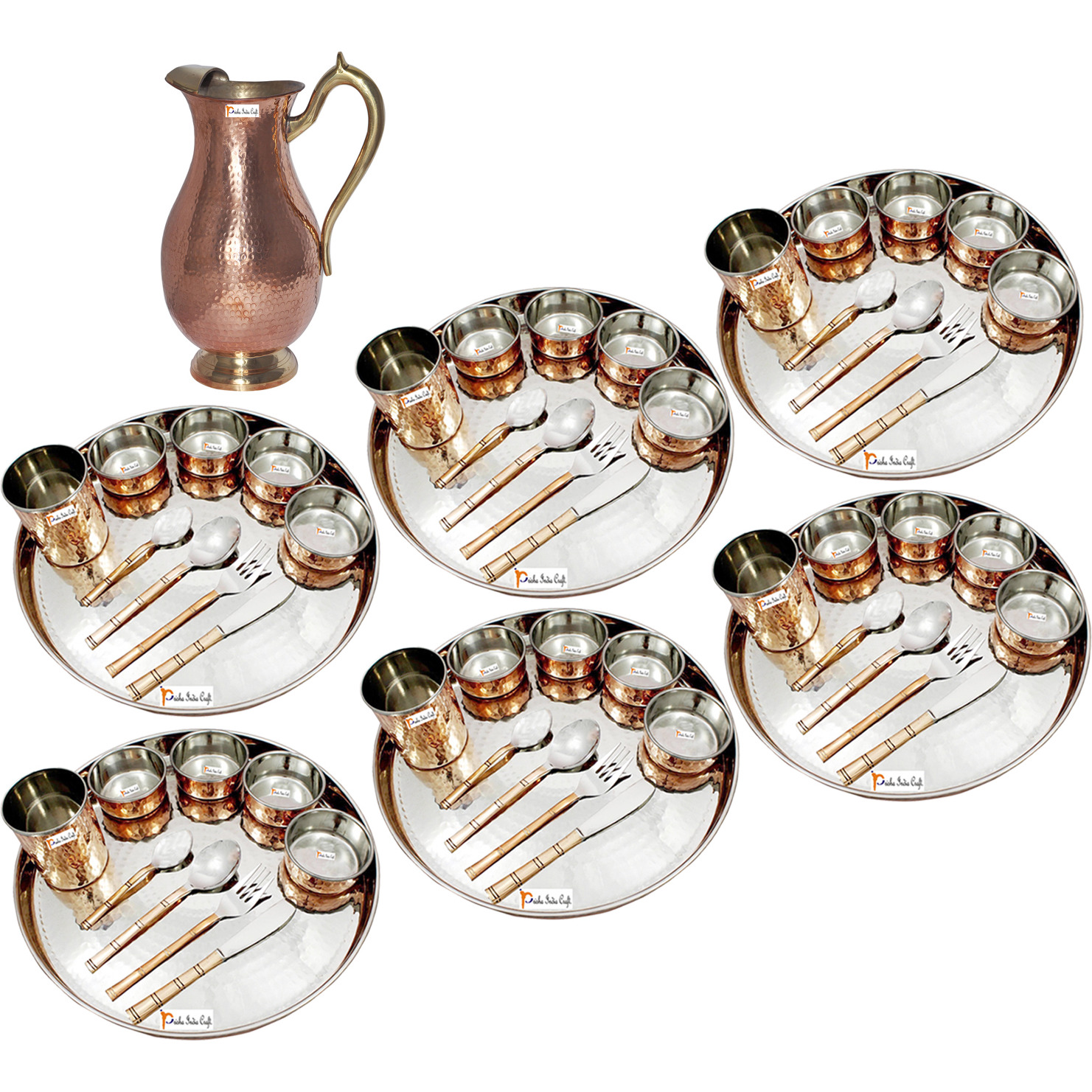 Prisha India Craft B. Set of 6 Dinnerware Traditional Stainless Steel Copper Dinner Set of Thali Plate, Bowls, Glass and Spoons, Dia 13  With 1 Pure Copper Mughal Pitcher Jug - Christmas Gift