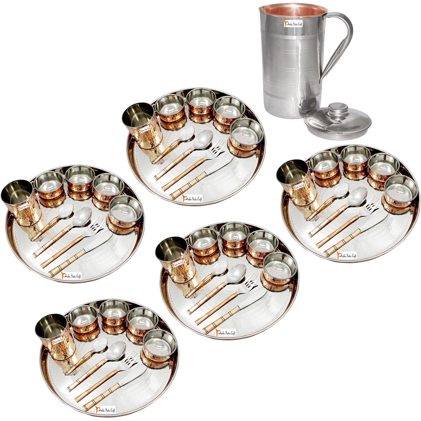 Prisha India Craft B. Set of 5 Dinnerware Traditional Stainless Steel Copper Dinner Set of Thali Plate, Bowls, Glass and Spoons, Dia 13  With 1 Luxury Style Pitcher Jug - Christmas Gift