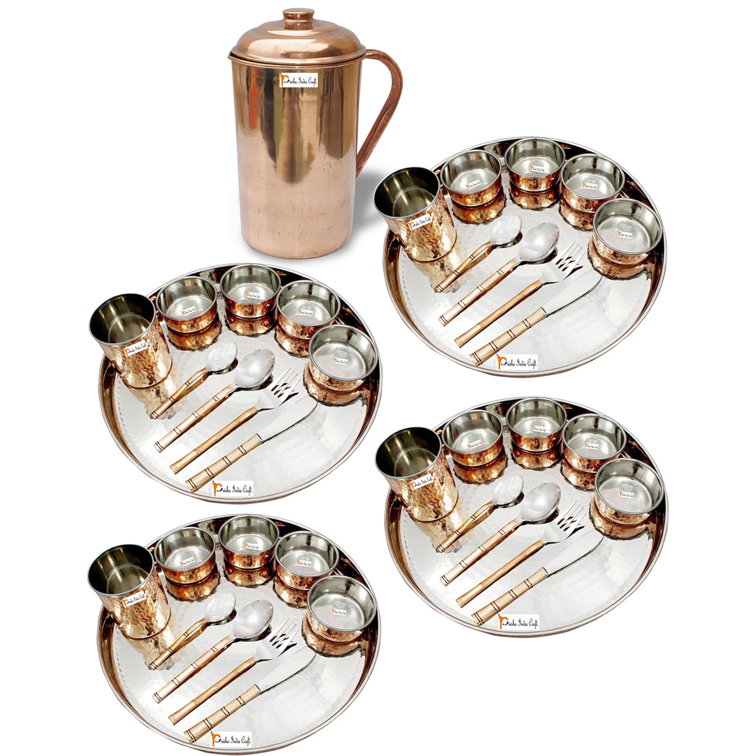 Prisha India Craft B. Set of 4 Dinnerware Traditional Stainless Steel Copper Dinner Set of Thali Plate, Bowls, Glass and Spoons, Dia 13  With 1 Pure Copper Pitcher Jug - Christmas Gift