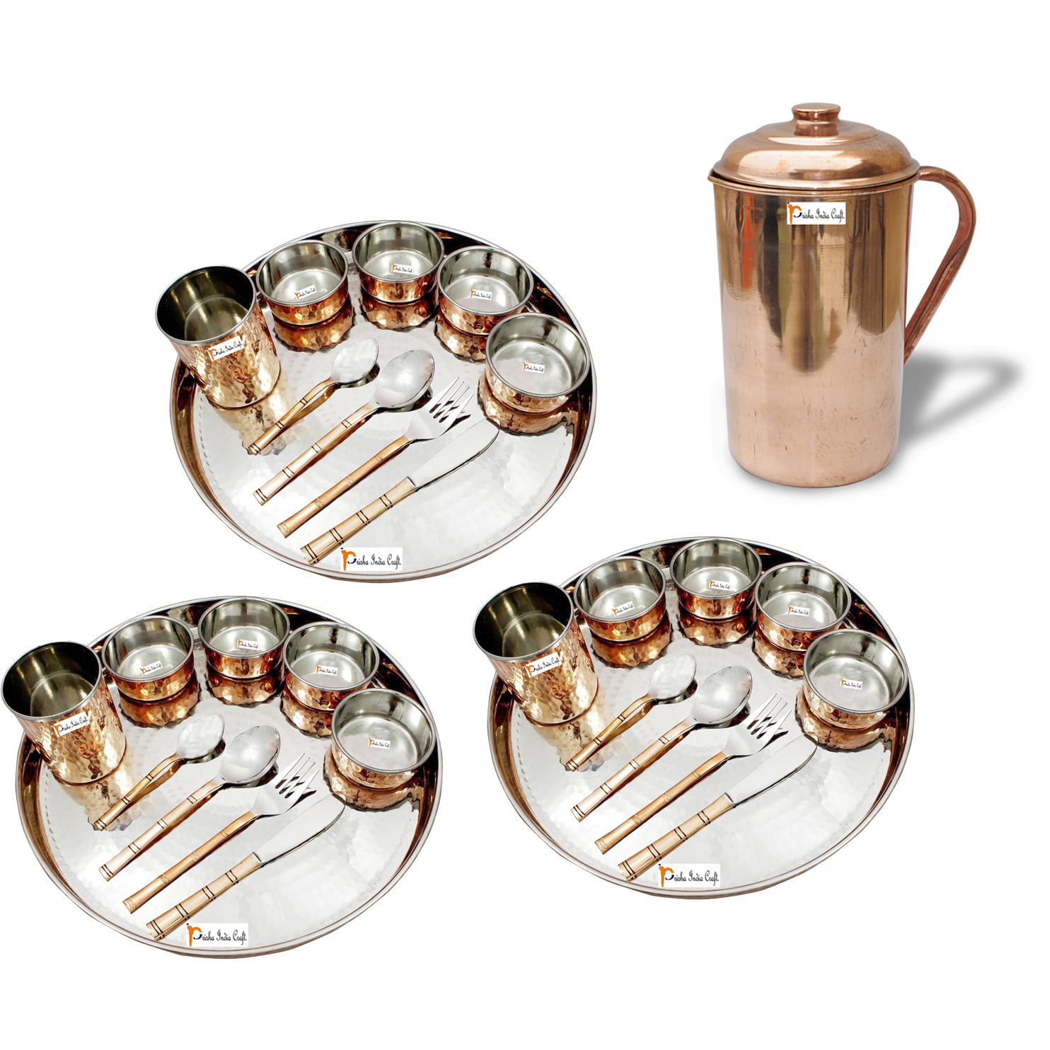 Prisha India Craft B. Set of 3 Dinnerware Traditional Stainless Steel Copper Dinner Set of Thali Plate, Bowls, Glass and Spoons, Dia 13  With 1 Pure Copper Pitcher Jug - Christmas Gift