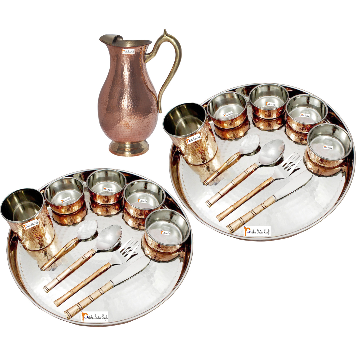 Prisha India Craft B. Set of 2 Dinnerware Traditional Stainless Steel Copper Dinner Set of Thali Plate, Bowls, Glass and Spoons, Dia 13  With 1 Pure Copper Mughal Pitcher Jug - Christmas Gift