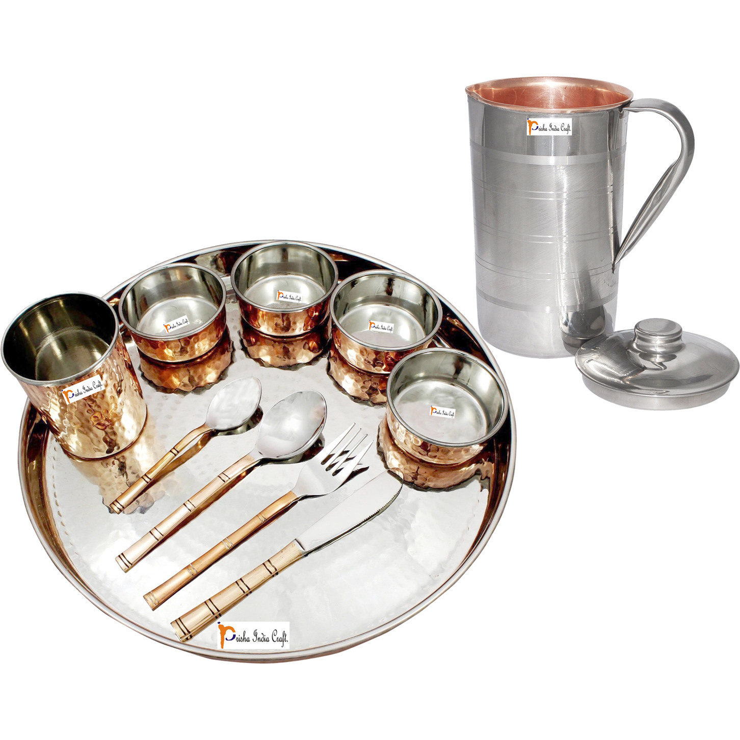 Prisha India Craft B. Dinnerware Traditional Stainless Steel Copper Dinner Set of Thali Plate, Bowls, Glass and Spoons, Dia 13  With 1 Luxury Style Pitcher Jug - Christmas Gift