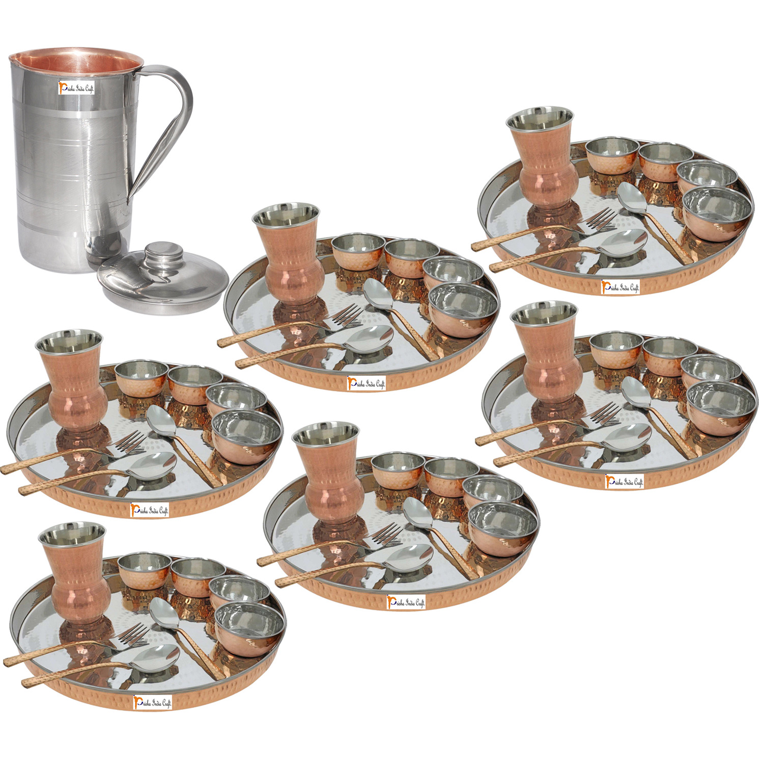 Prisha India Craft B. Set of 6 Dinnerware Traditional Stainless Steel Copper Dinner Set of Thali Plate, Bowls, Glass and Spoons, Dia 13  With 1 Luxury Style Pitcher Jug - Christmas Gift
