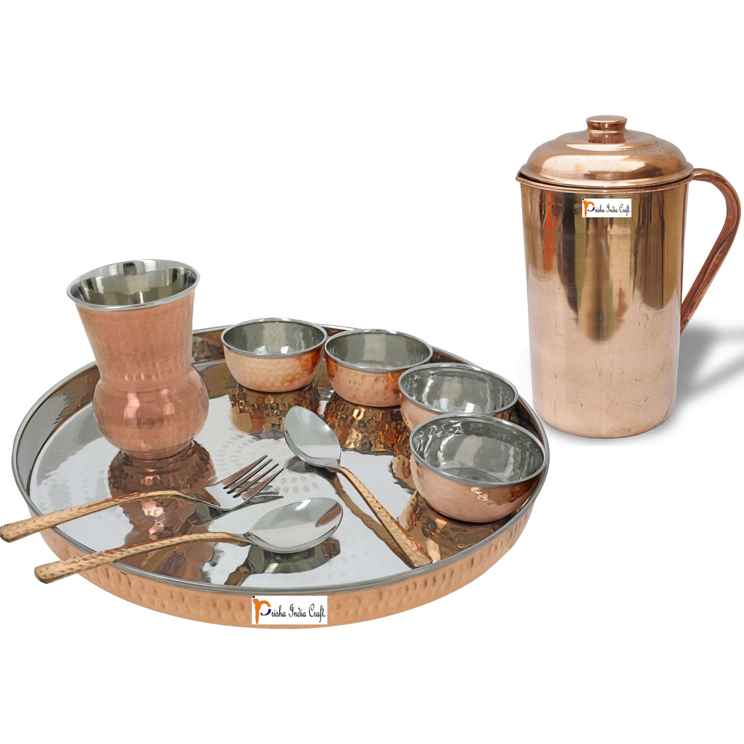 Prisha India Craft B. Dinnerware Traditional Stainless Steel Copper Dinner Set of Thali Plate, Bowls, Glass and Spoons, Dia 13  With 1 Pure Copper Pitcher Jug - Christmas Gift