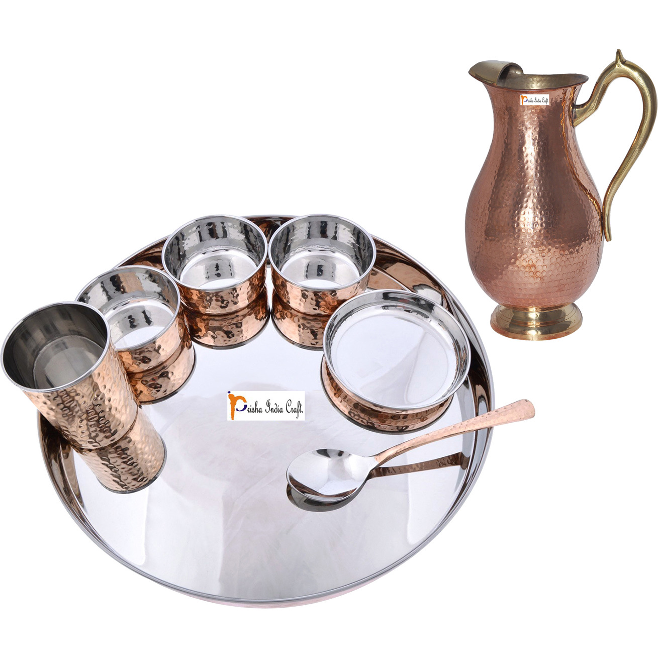 Prisha India Craft B. Dinnerware Traditional Stainless Steel Copper Dinner Set of Thali Plate, Bowls, Glass and Spoon, Dia 13  With 1 Pure Copper Mughal Pitcher Jug - Christmas Gift