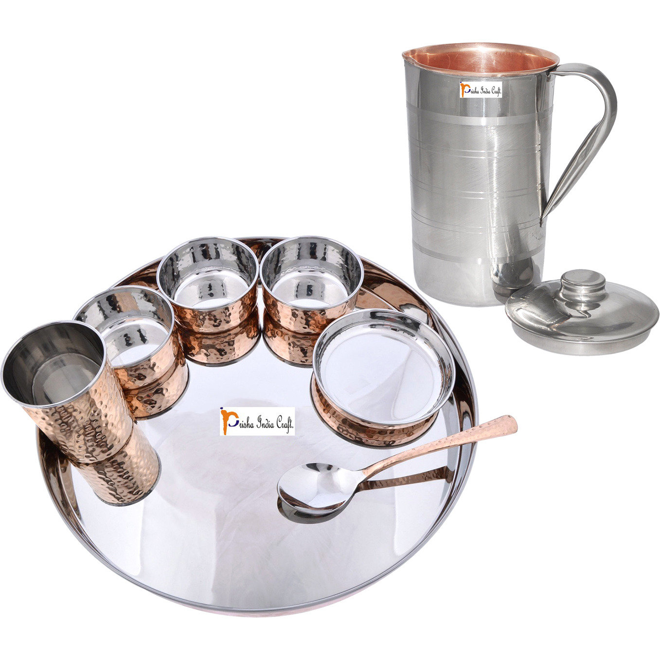 Prisha India Craft B. Dinnerware Traditional Stainless Steel Copper Dinner Set of Thali Plate, Bowls, Glass and Spoon, Dia 13  With 1 Luxury Style Pitcher Jug - Christmas Gift