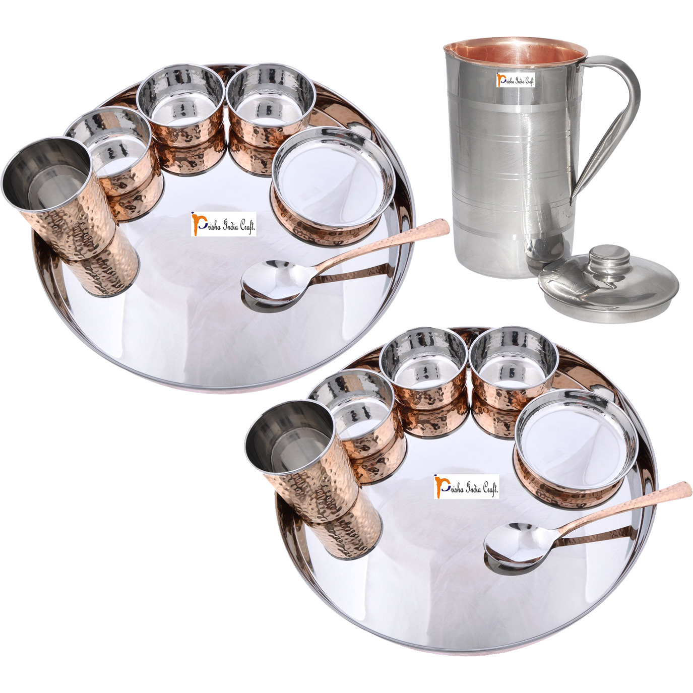 Prisha India Craft B. Set of 2 Dinnerware Traditional Stainless Steel Copper Dinner Set of Thali Plate, Bowls, Glass and Spoon, Dia 13  With 1 Luxury Style Pitcher Jug - Christmas Gift