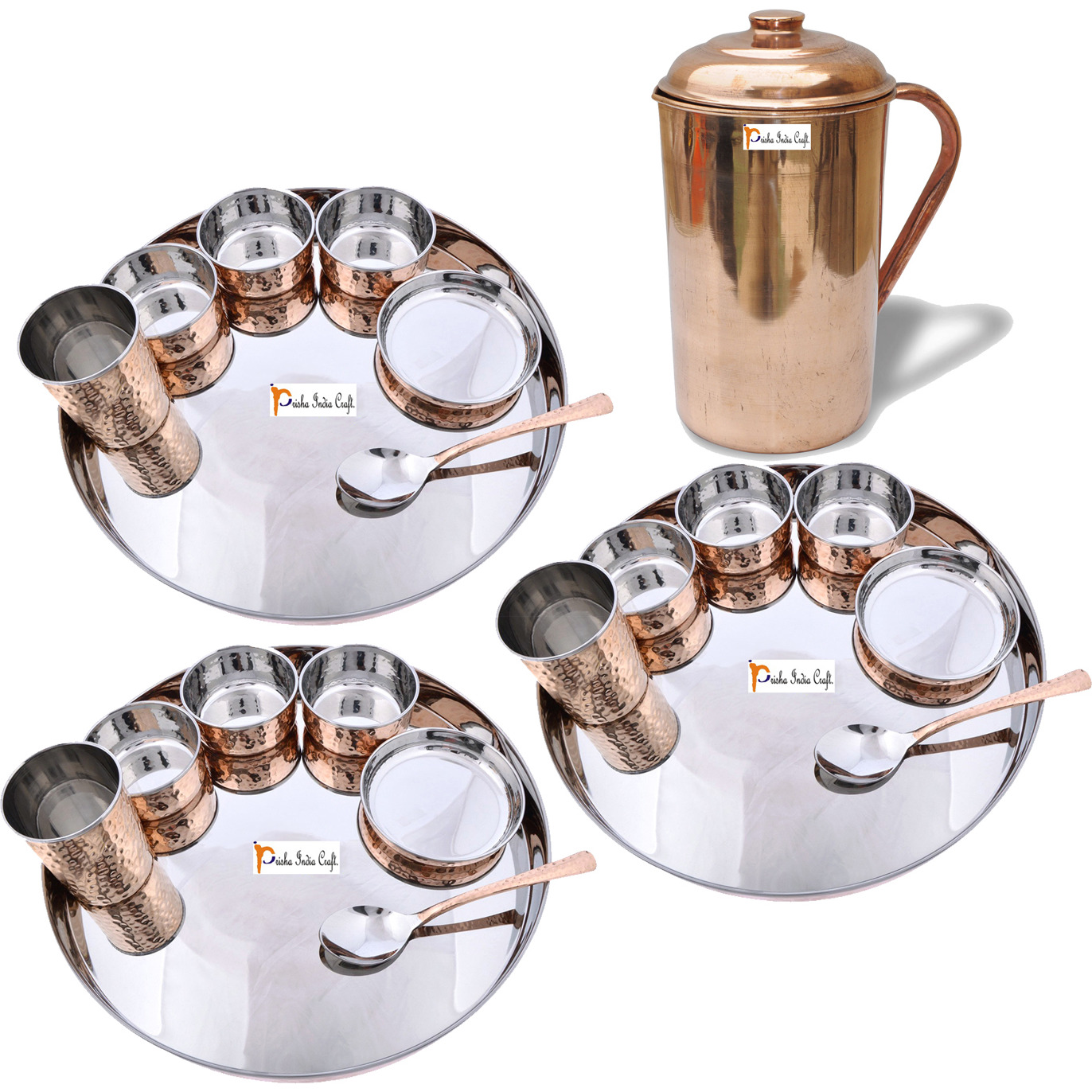 Prisha India Craft B. Set of 3 Dinnerware Traditional Stainless Steel Copper Dinner Set of Thali Plate, Bowls, Glass and Spoon, Dia 13  With 1 Pure Copper Pitcher Jug - Christmas Gift