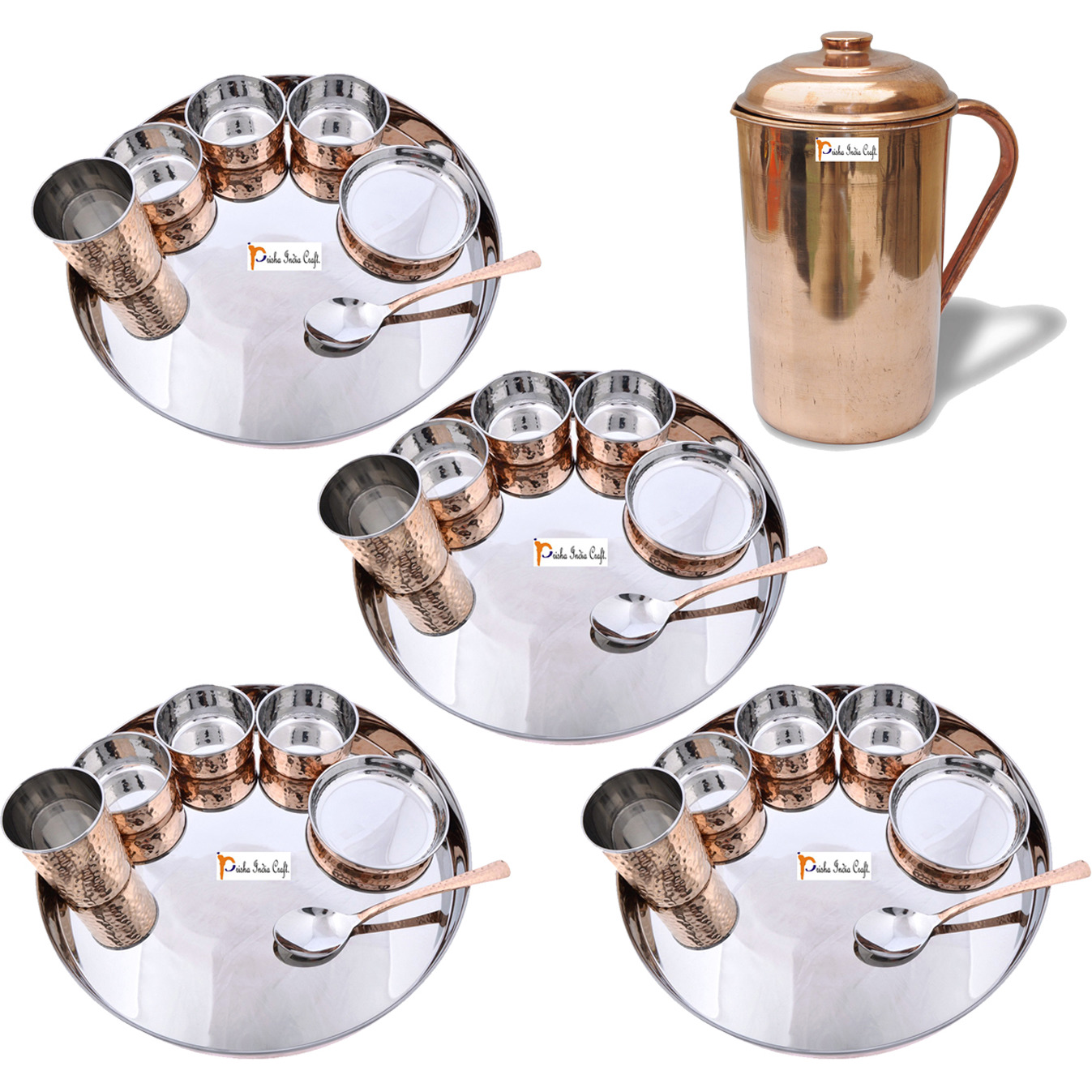 Prisha India Craft B. Set of 4 Dinnerware Traditional Stainless Steel Copper Dinner Set of Thali Plate, Bowls, Glass and Spoon, Dia 13  With 1 Pure Copper Pitcher Jug - Christmas Gift