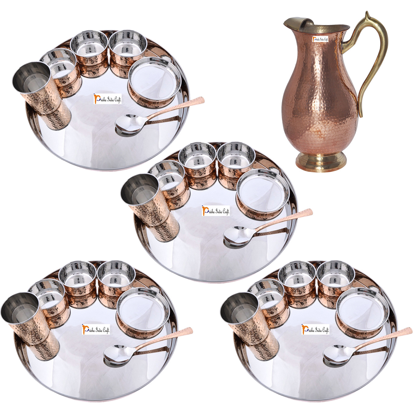 Prisha India Craft B. Set of 4 Dinnerware Traditional Stainless Steel Copper Dinner Set of Thali Plate, Bowls, Glass and Spoon, Dia 13  With 1 Pure Copper Mughal Pitcher Jug - Christmas Gift