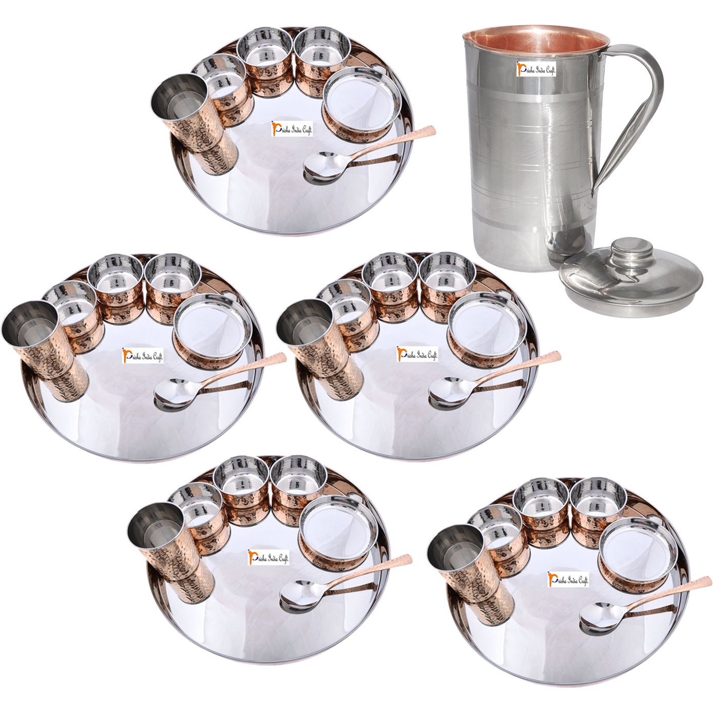 Prisha India Craft B. Set of 5 Dinnerware Traditional Stainless Steel Copper Dinner Set of Thali Plate, Bowls, Glass and Spoon, Dia 13  With 1 Luxury Style Pitcher Jug - Christmas Gift