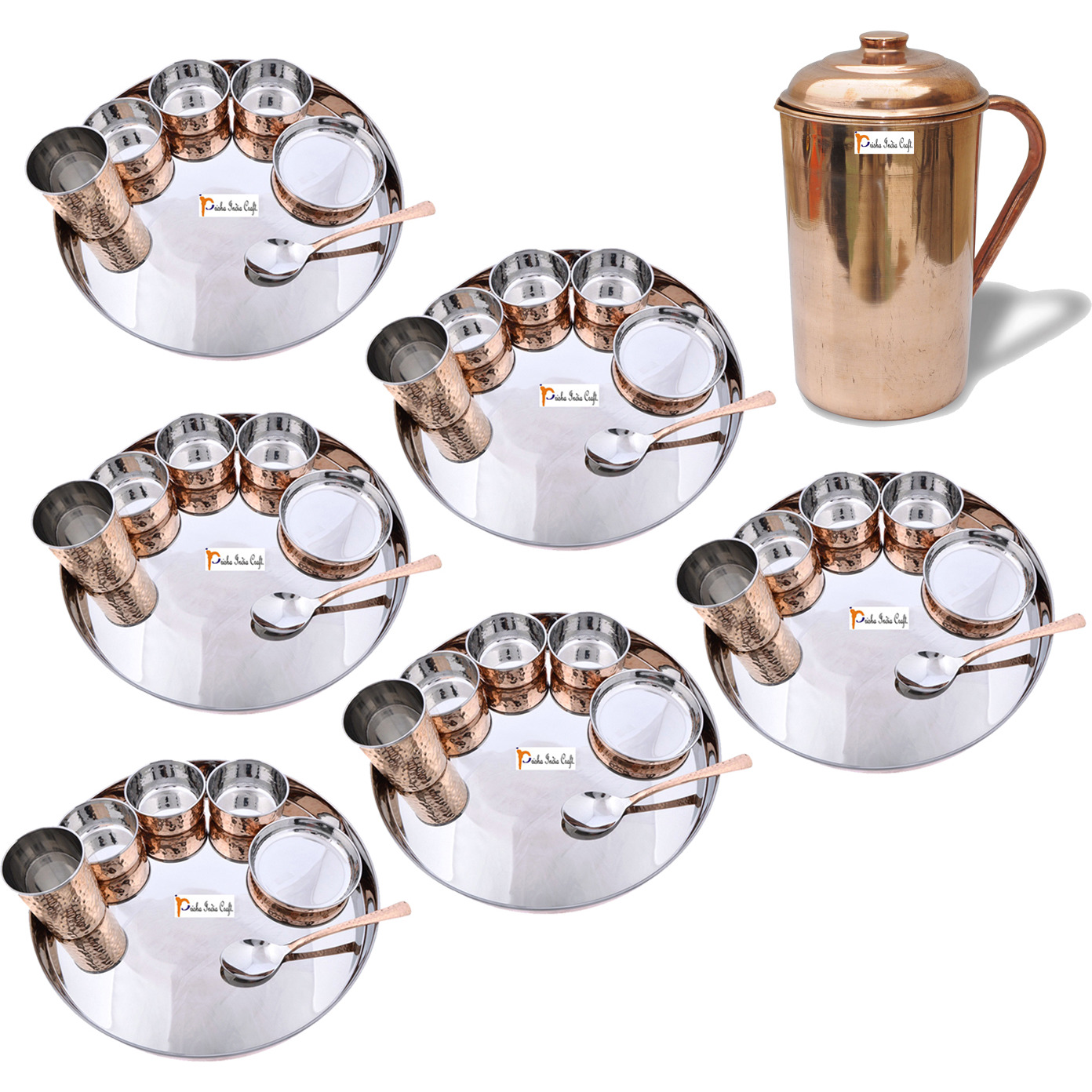 Prisha India Craft B. Set of 6 Dinnerware Traditional Stainless Steel Copper Dinner Set of Thali Plate, Bowls, Glass and Spoon, Dia 13  With 1 Pure Copper Pitcher Jug - Christmas Gift