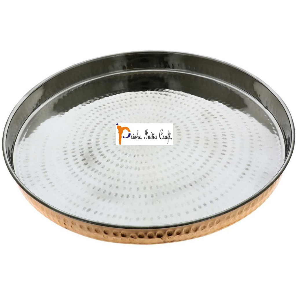 Prisha India Craft 100% Pure Copper Dinner Plate - Diameter 12 inch- Traditional Kitchen Special Thali Plate for Home Decorative