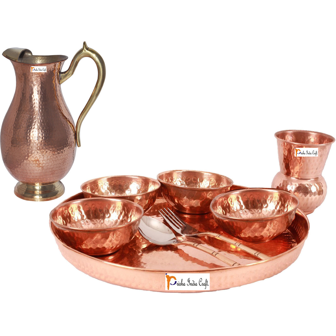 Prisha India Craft B. Dinnerware Traditional 100% Pure Copper Dinner Set of Thali Plate, Bowls, Glass and Spoon, Dia 12  With 1 Pure Copper Mughal Pitcher Jug - Christmas Gift