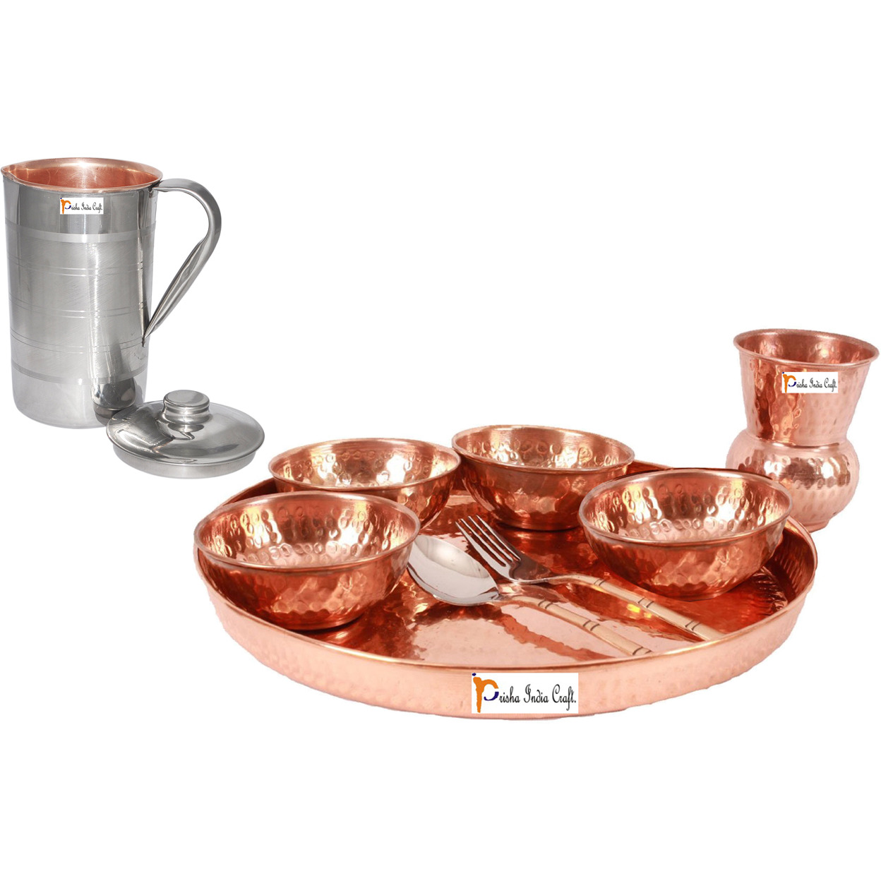 Prisha India Craft B. Dinnerware Traditional 100% Pure Copper Dinner Set of Thali Plate, Bowls, Glass and Spoon, Dia 12  With 1 Luxury Style Pitcher Jug - Christmas Gift