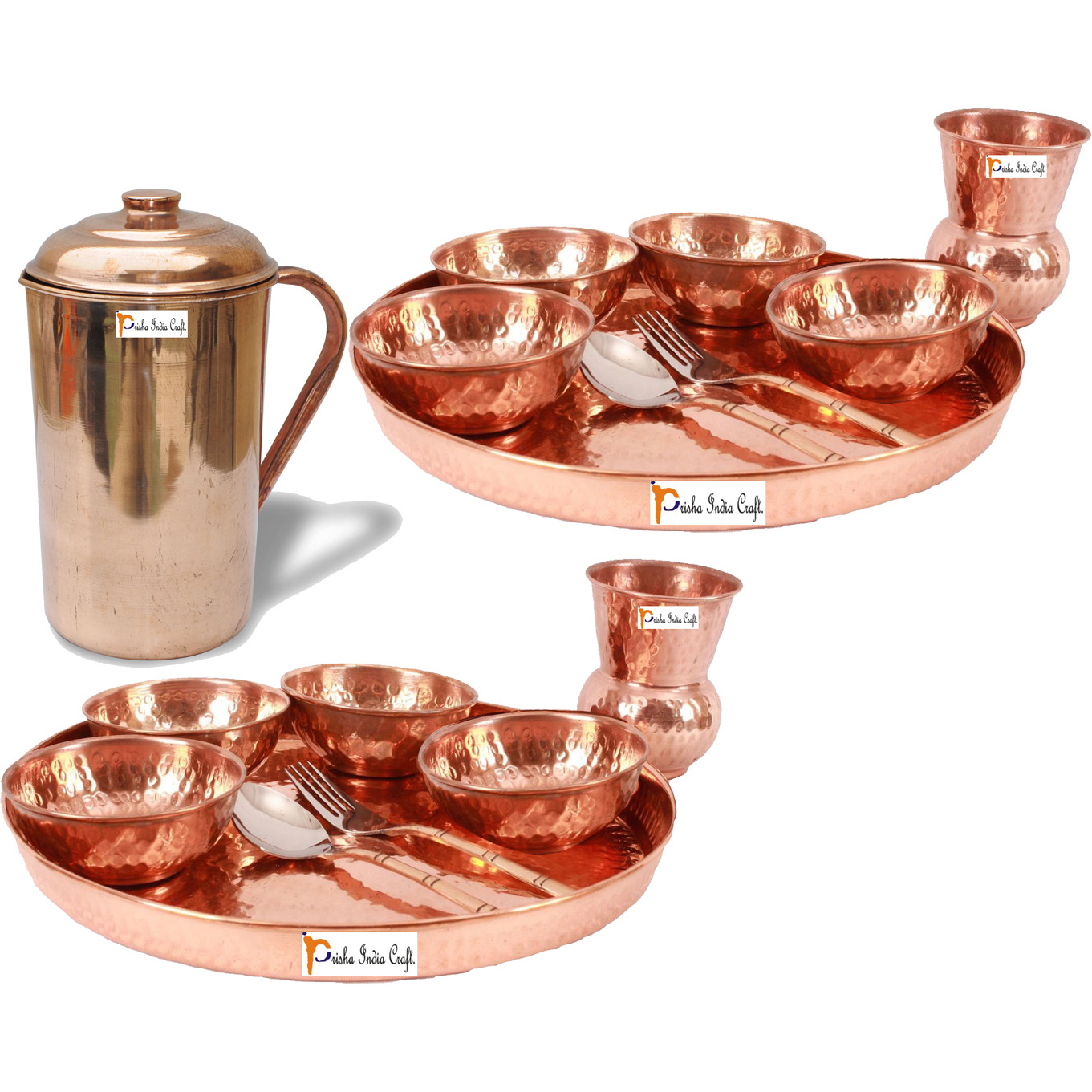 Prisha India Craft B. Set of 2 Dinnerware Traditional 100% Pure Copper Dinner Set of Thali Plate, Bowls, Glass and Spoon, Dia 12  With 1 Pure Copper Pitcher Jug - Christmas Gift