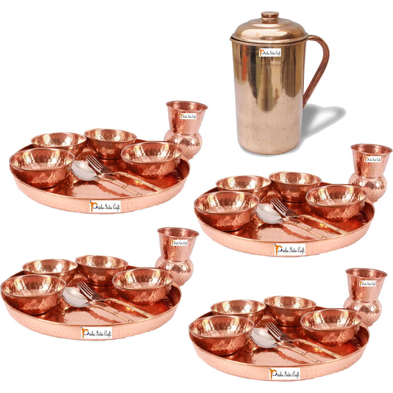 Prisha India Craft B. Set of 4 Dinnerware Traditional 100% Pure Copper Dinner Set of Thali Plate, Bowls, Glass and Spoon, Dia 12  With 1 Pure Copper Pitcher Jug - Christmas Gift