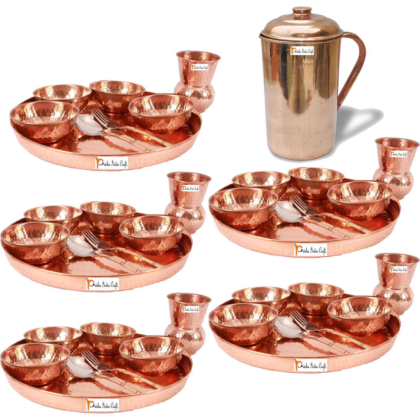 Prisha India Craft B. Set of 5 Dinnerware Traditional 100% Pure Copper Dinner Set of Thali Plate, Bowls, Glass and Spoon, Dia 12  With 1 Pure Copper Pitcher Jug - Christmas Gift