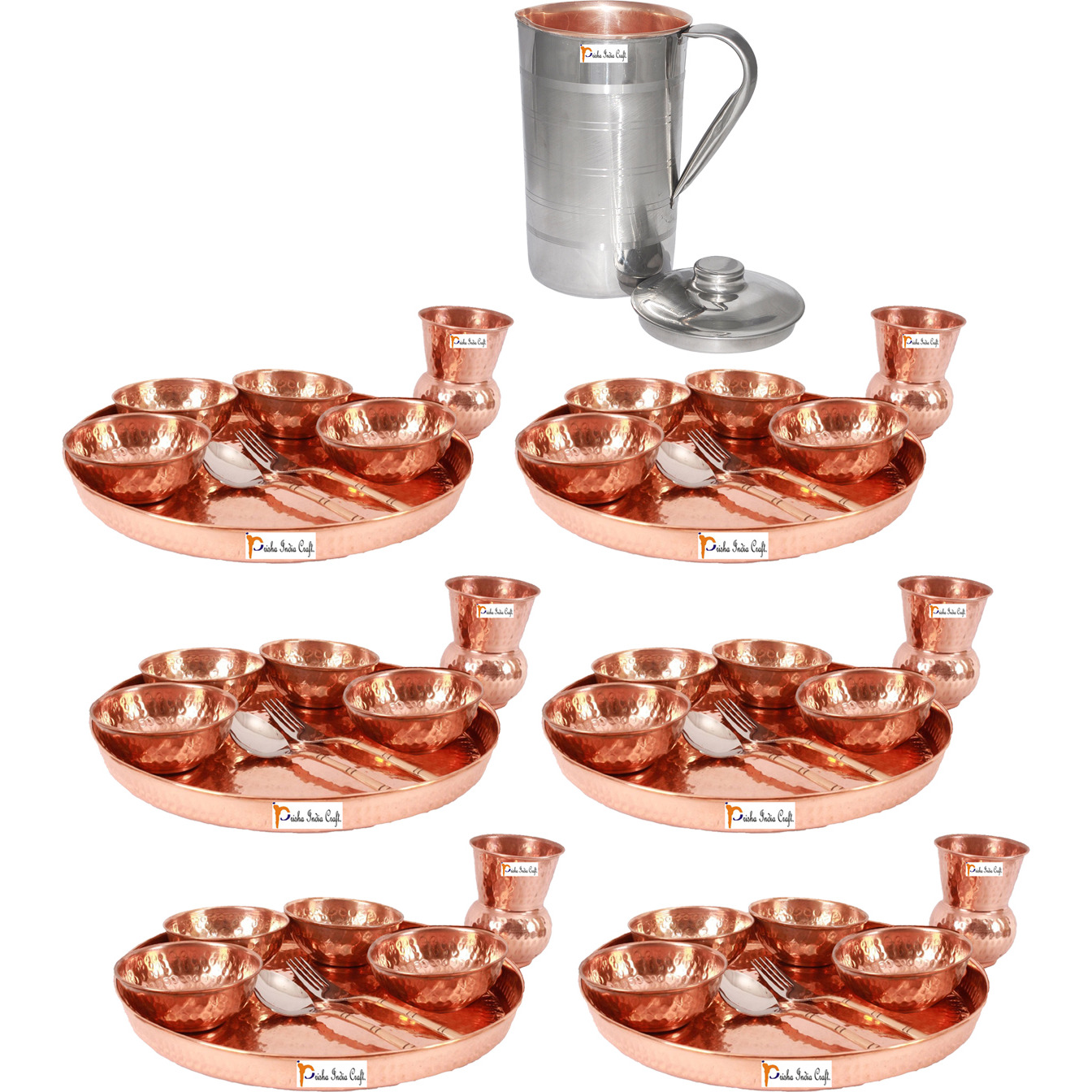 Prisha India Craft B. Set of 6 Dinnerware Traditional 100% Pure Copper Dinner Set of Thali Plate, Bowls, Glass and Spoon, Dia 12  With 1 Luxury Style Pitcher Jug - Christmas Gift