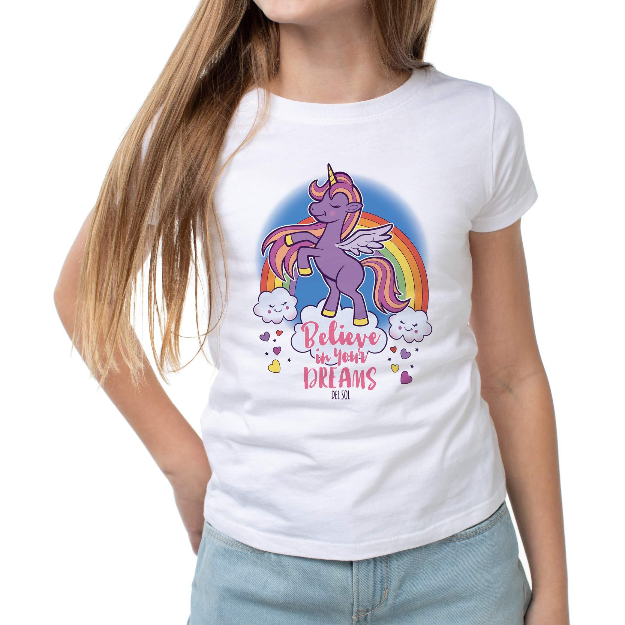 Del Sol Color Changing Youth Girls Crew Tee - Believe, White, Size YXS