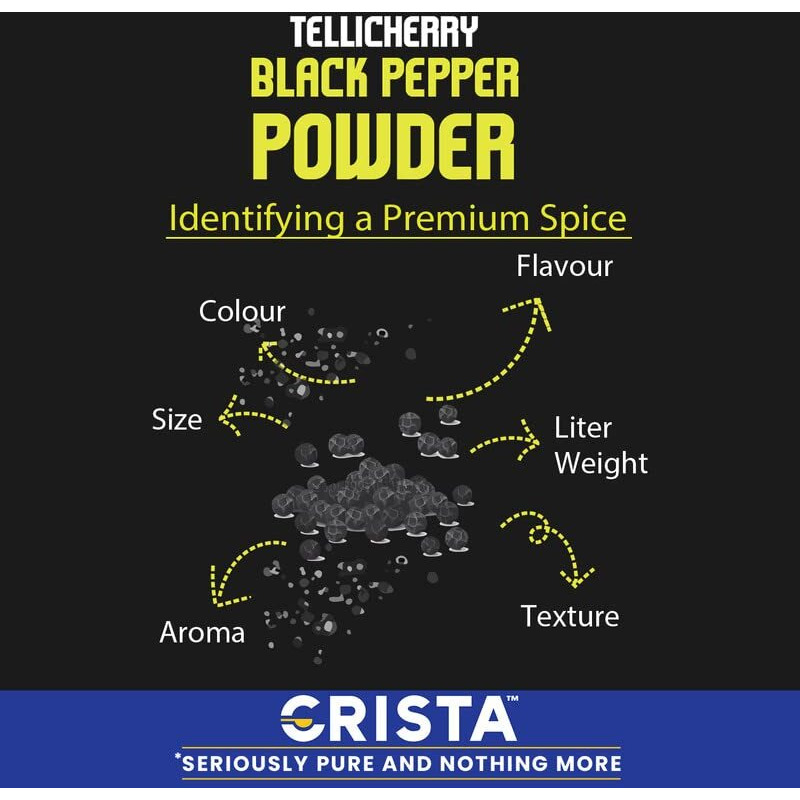 CRISTA Tellicherry Black Pepper Powder | Sun-dried | Zero added Colours, Fillers, Additives & Preservatives | High Volatile Oil Content | Natural | 50 gms