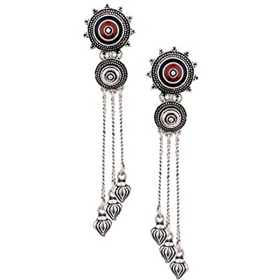 Voylla Ethnic Oxidised Silver Plating Brass Enamelled Embellished Oxidized Mandala Design Tassels Round shaped Dangle & Drop Earrings for Women and Girls