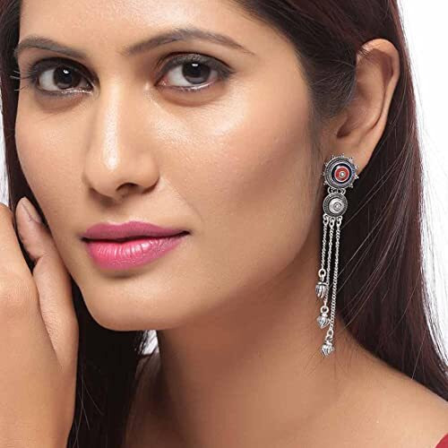 Voylla Ethnic Oxidised Silver Plating Brass Enamelled Embellished Oxidized Mandala Design Tassels Round shaped Dangle & Drop Earrings for Women and Girls