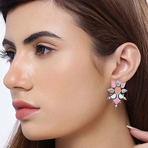 Voylla Traditional Brass Silver Oxidised plated Pastel Colourful Enamelled Embellished Floral Pattern Subtle Dangle & Drop Earrings for Women and Girls