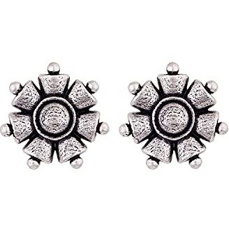 Voylla Silver Oxidised Brass Floral Motif Boho Style Stud Earrings Tops for Women and Girls