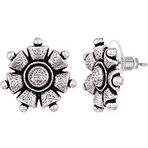 Voylla Silver Oxidised Brass Floral Motif Boho Style Stud Earrings Tops for Women and Girls